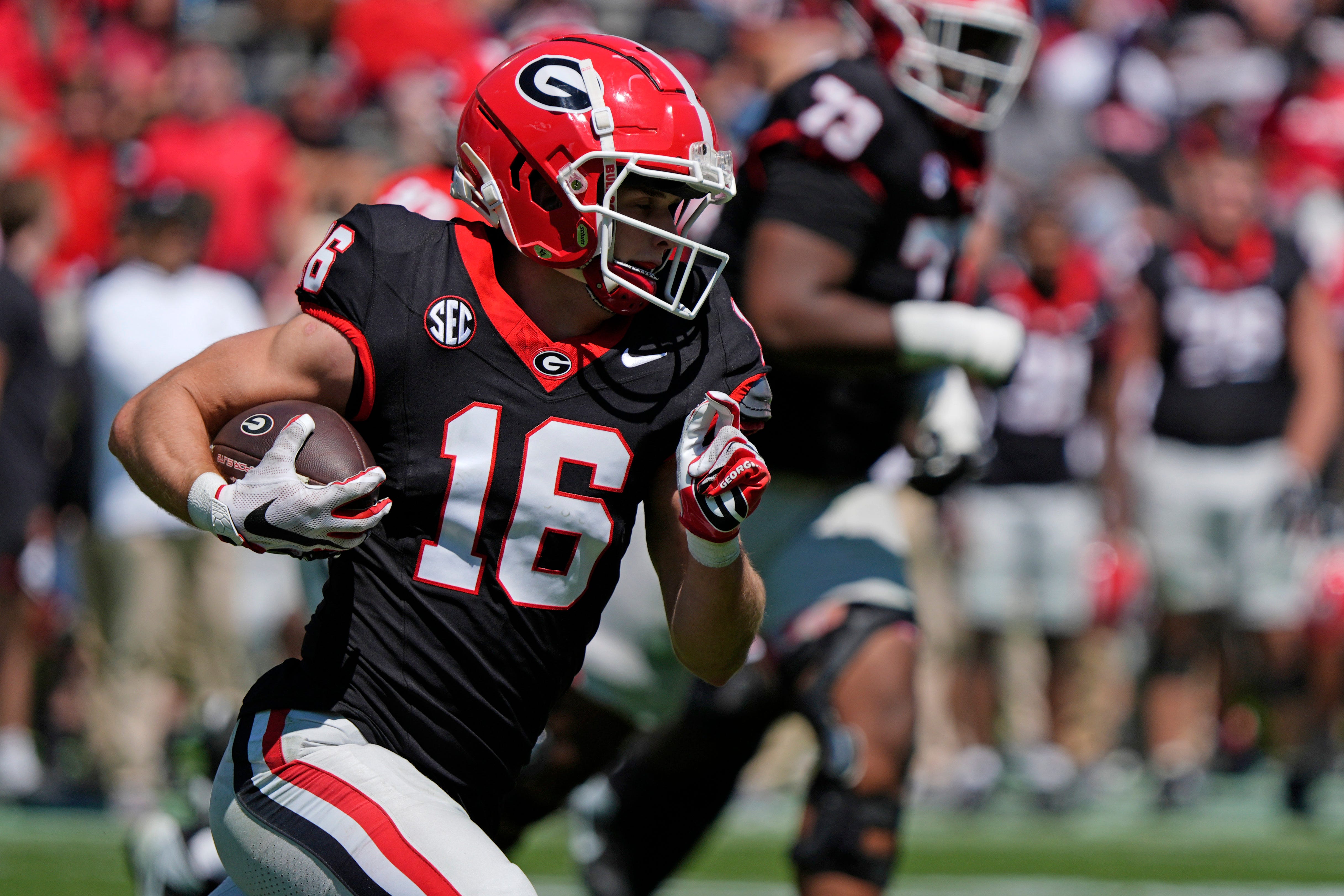 Georgia wide receiver London Humphreys (16) moves the rock during the Georgia G-Day spring football game in Athens, Ga., on Saturday, April 12, 2025.
