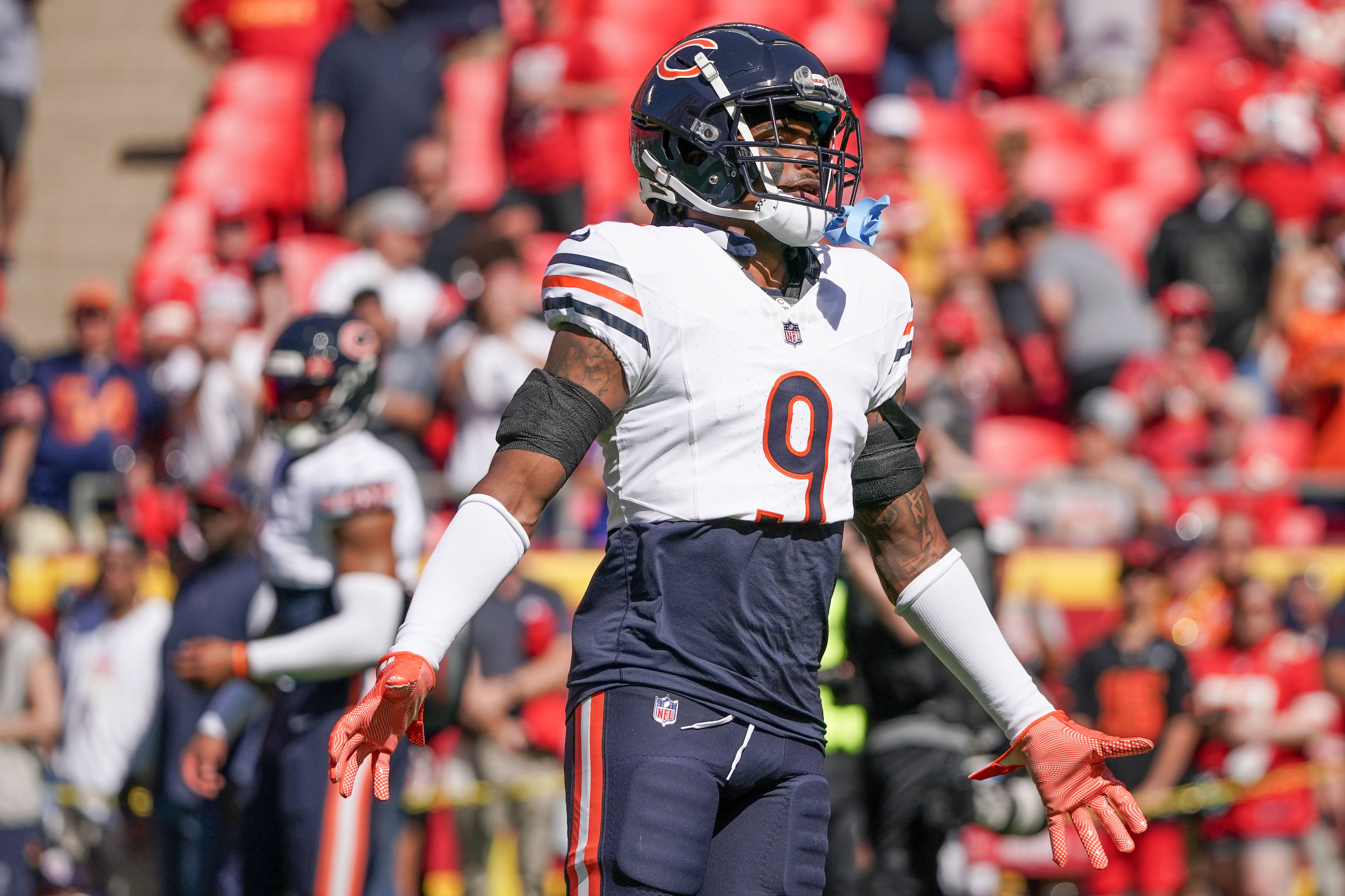 Sep 24, 2023; Kansas City, Missouri, USA; Chicago Bears safety Jaquan Brisker (9) warms up against the Kansas City Chiefs prior to a game at GEHA Field at Arrowhead Stadium.