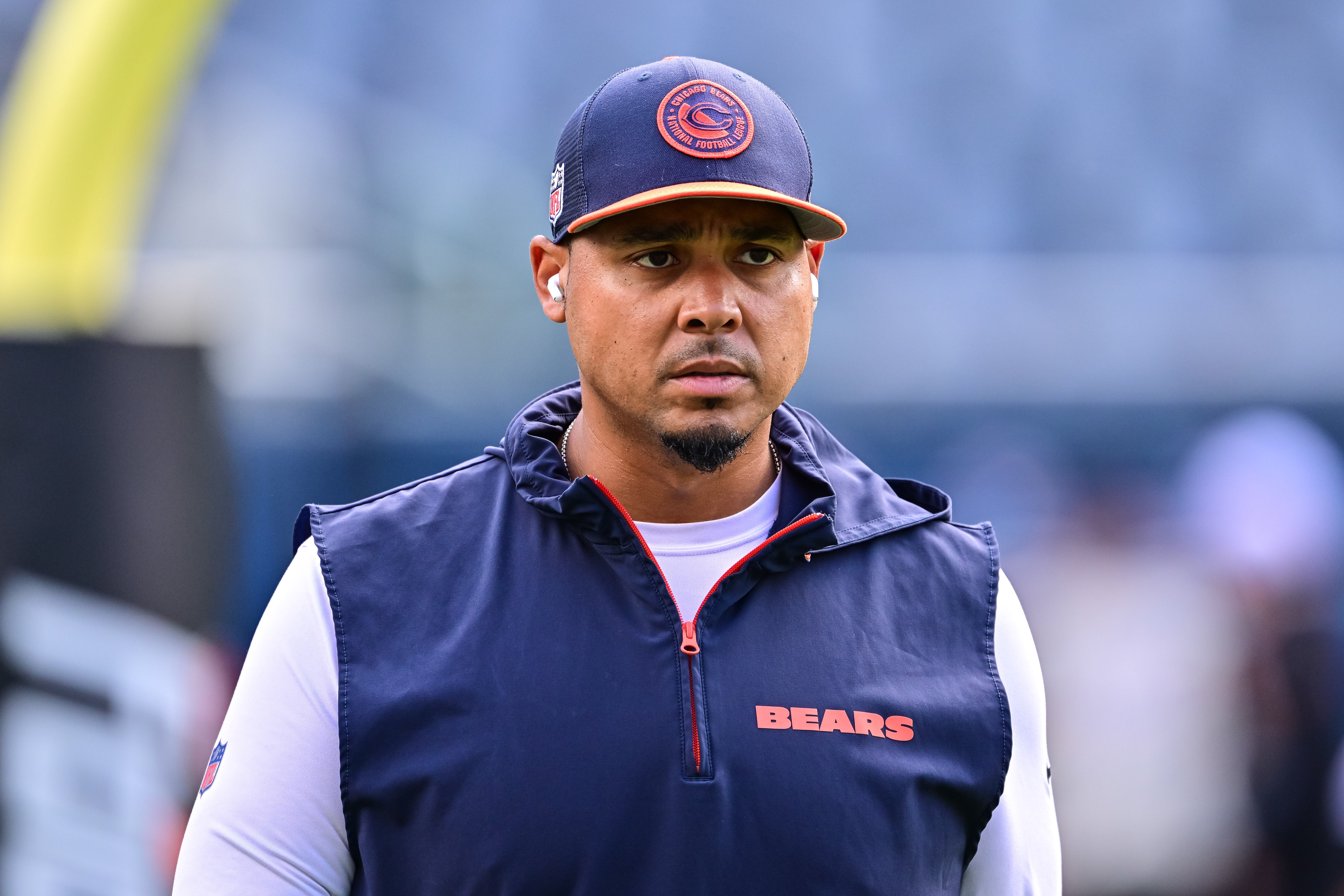 Chicago Bears general manager Ryan Poles looks on before the game against the Cincinnati Bengals at Soldier Field. Daniel Bartel-Imagn Images