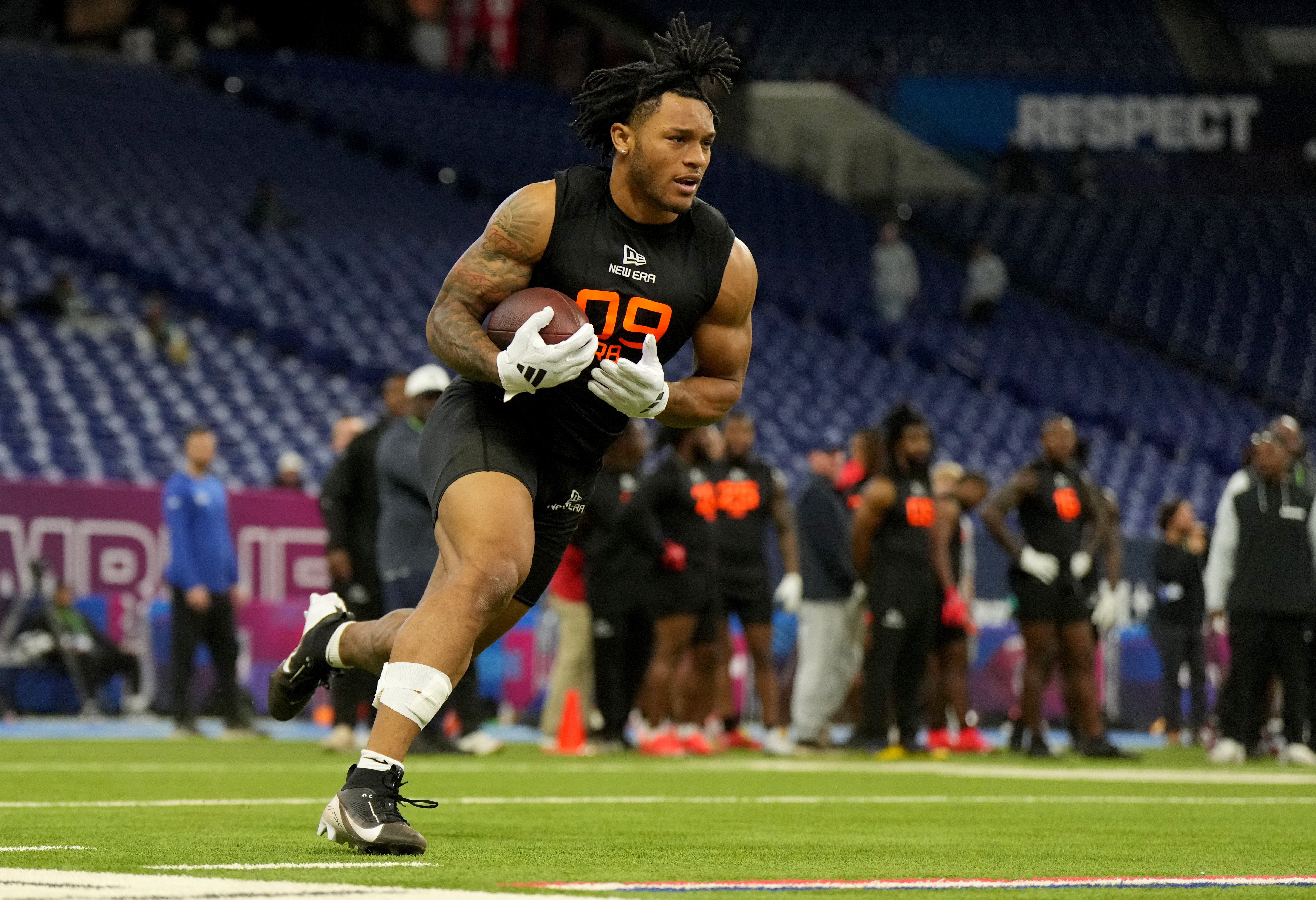 Mar 1, 2025; Indianapolis, IN, USA; North Carolina running back Omarion Hampton (RB09) during the 2025 NFL Combine at Lucas Oil Stadium.
