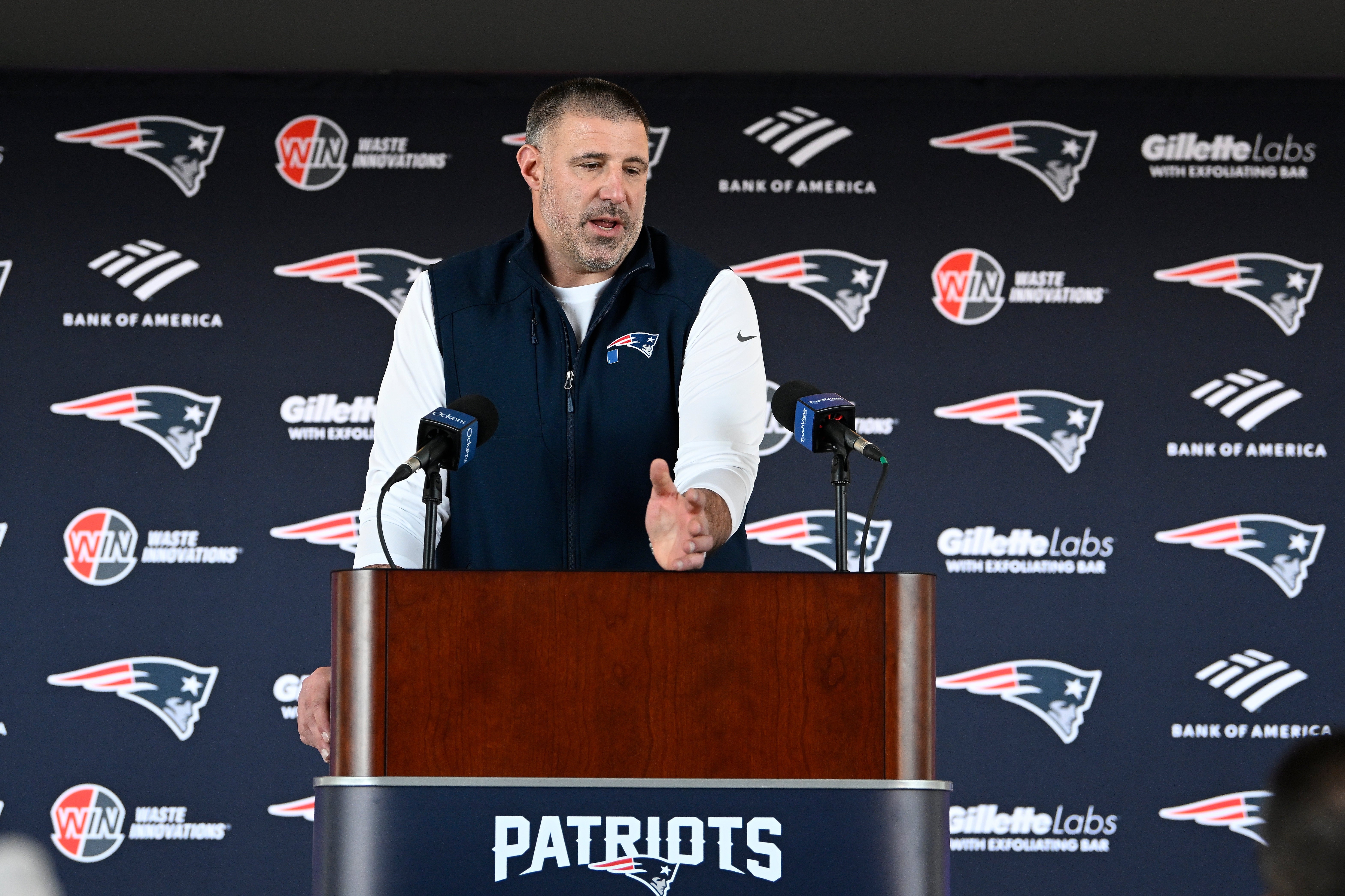 Mar 13, 2025; Foxborough, MA, USA; New England Patriots head coach Mike Vrabel discusses the teamís recent free agent additions with the media at Gillette Stadium.
