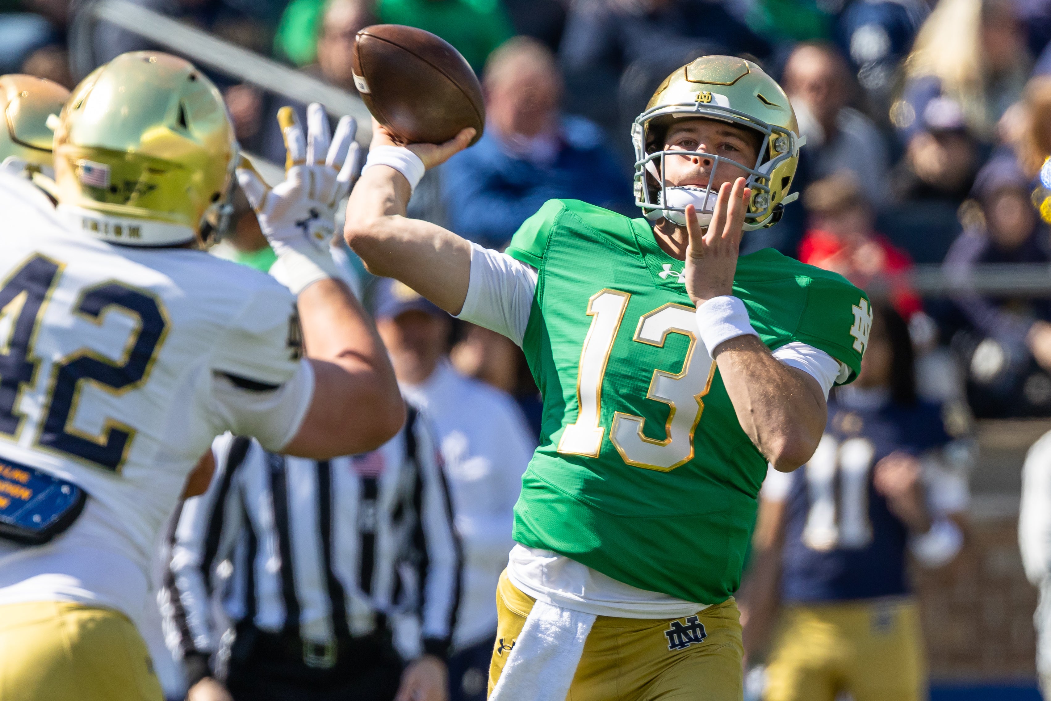 Apr 12, 2025; Notre Dame, IN, USA; Notre Dame Fighting Irish quarterback CJ Carr (13) throws a pass during the Blue-Gold game at Notre Dame Stadium. Mandatory Credit: Michael Caterina-Imagn Images