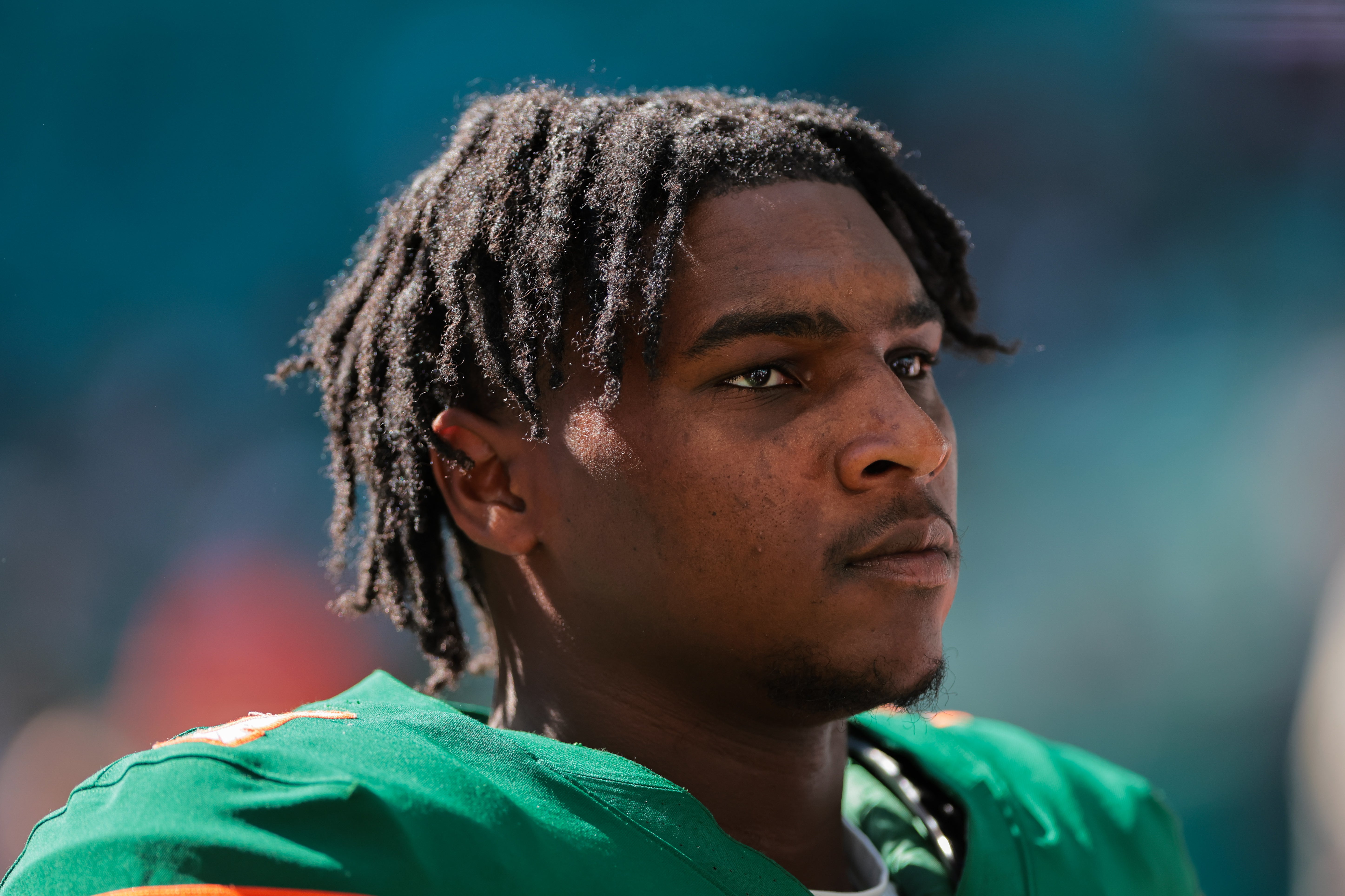 Miami Hurricanes quarterback Cam Ward (1) looks on form the field before the game against the Wake Forest Demon Deacons at Hard Rock Stadium. Sam Navarro-Imagn Images