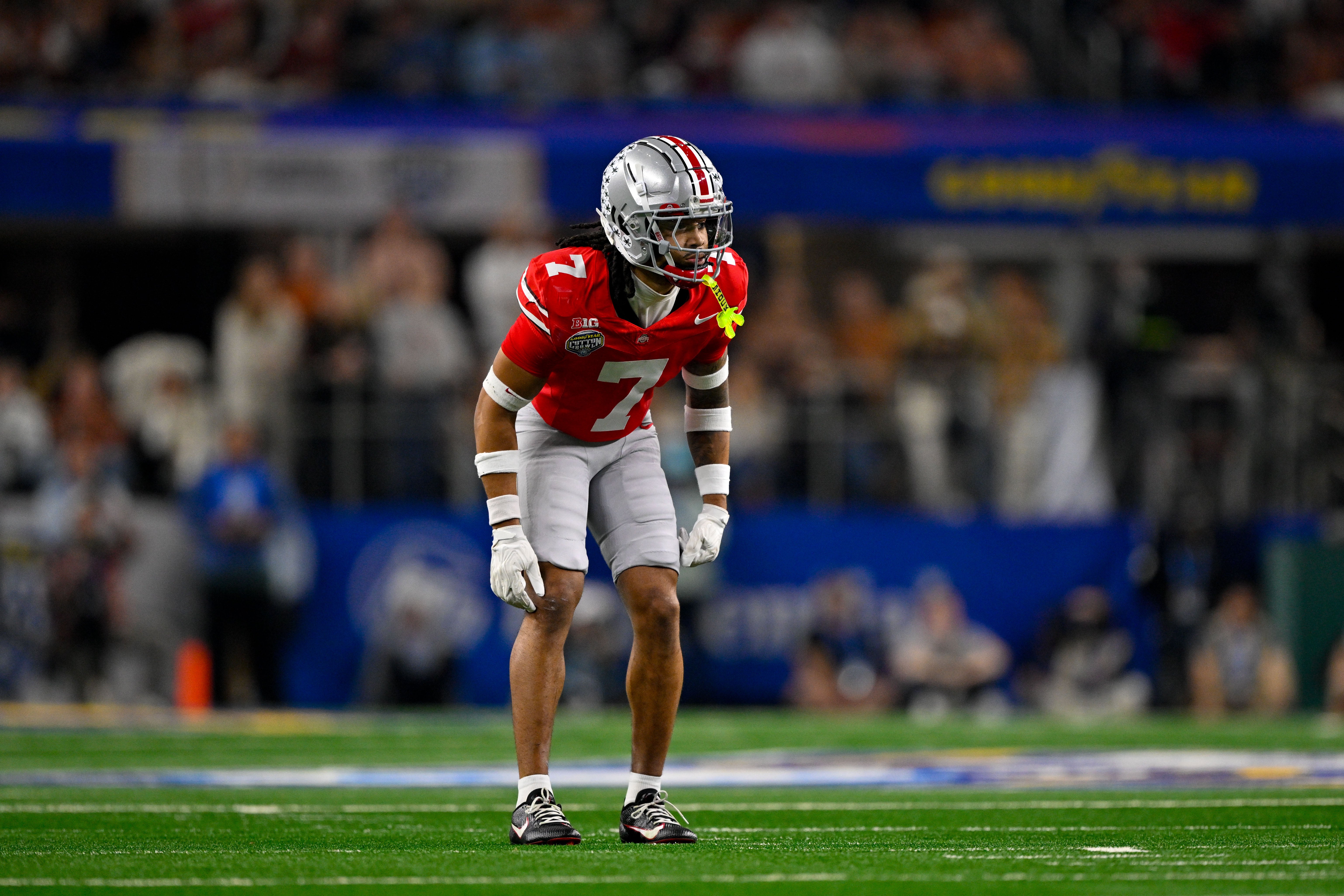 Jan 10, 2025; Arlington, TX, USA; Ohio State Buckeyes cornerback Jordan Hancock (7) in action during the game between the Texas Longhorns and the Ohio State Buckeyes at AT&T Stadium.