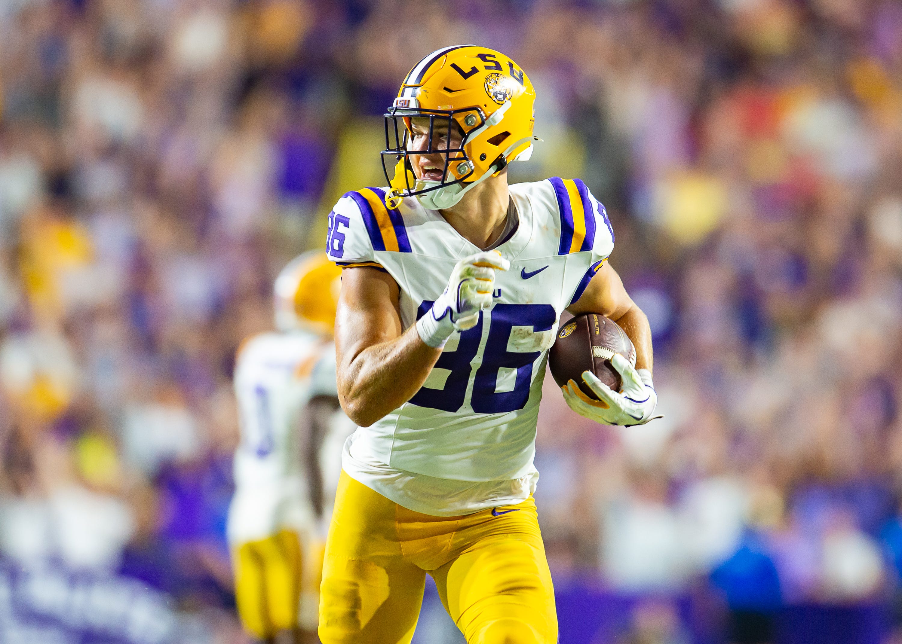 Mason Taylor 86 runs the ball as the LSU Tigers take on the Ole Miss Rebels at Tiger Stadium in Baton Rouge, LA. Saturday, Oct. 12, 2024.Saturday, Oct. 12, 2024.