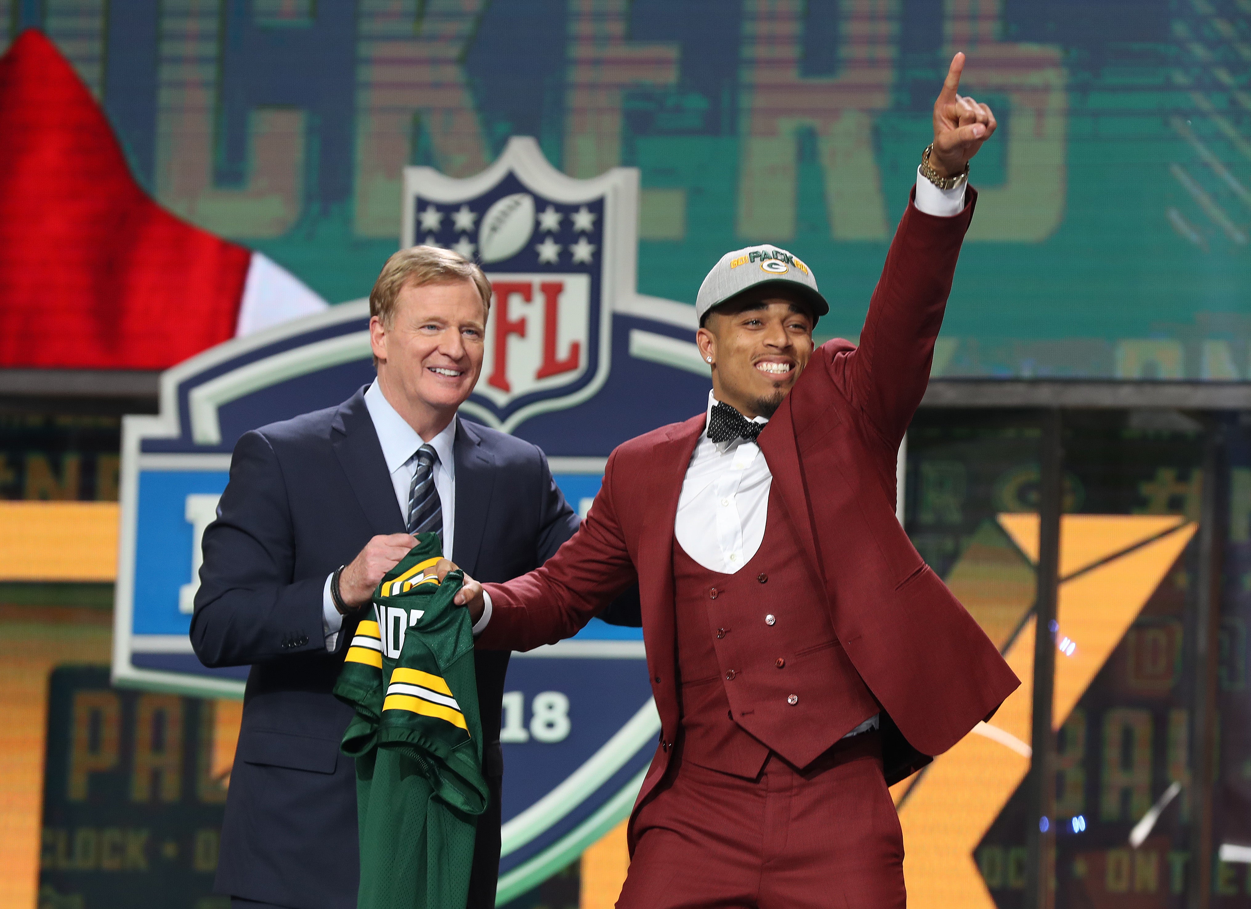 NFL commissioner Roger Goodell with Jaire Alexander as he is selected as the number eighteen overall pick to the Green Bay Packers in the first round of the 2018 NFL Draft at AT&T Stadium.