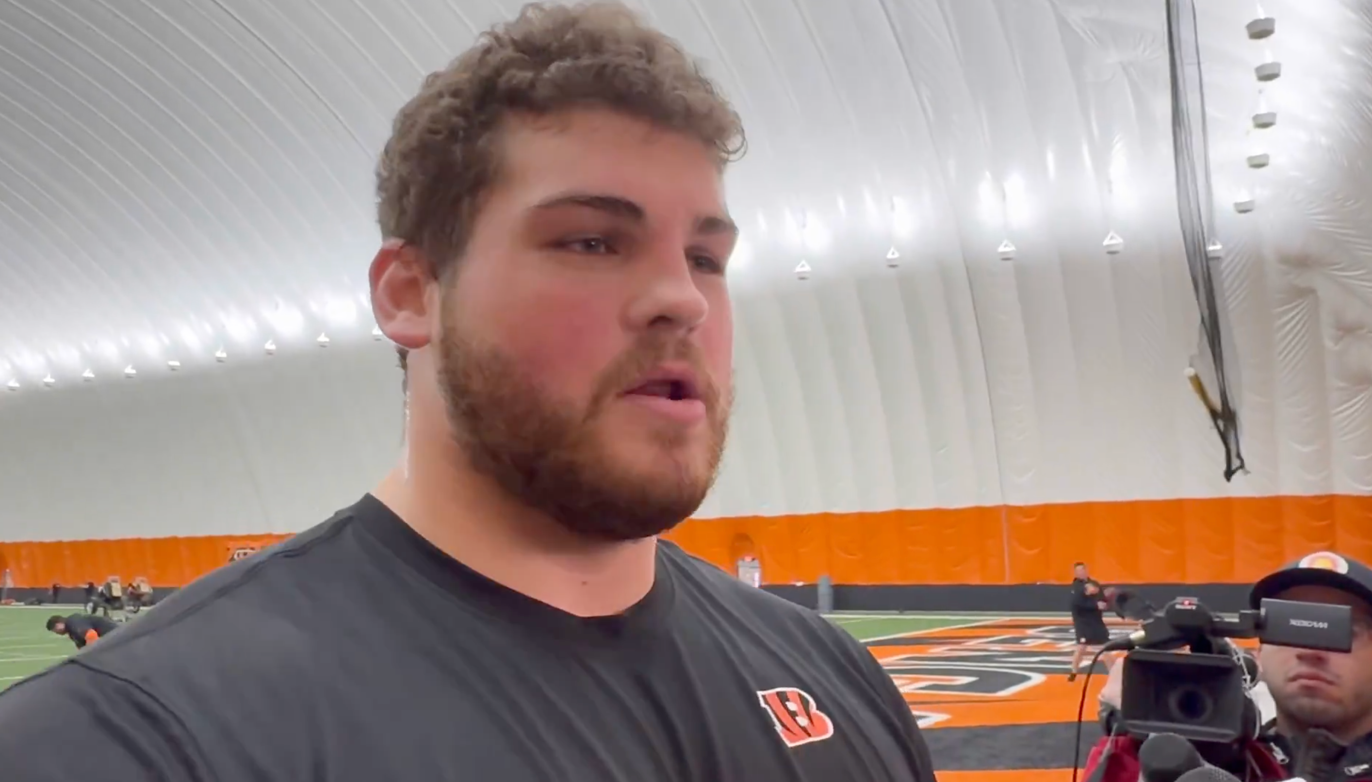 Former Cincinnati Bearcats offensive lineman Luke Kandra talks to reporters following Cincinnati Bengals' local pro day ahead of the 2015 NFL Draft on April 15, 2025.