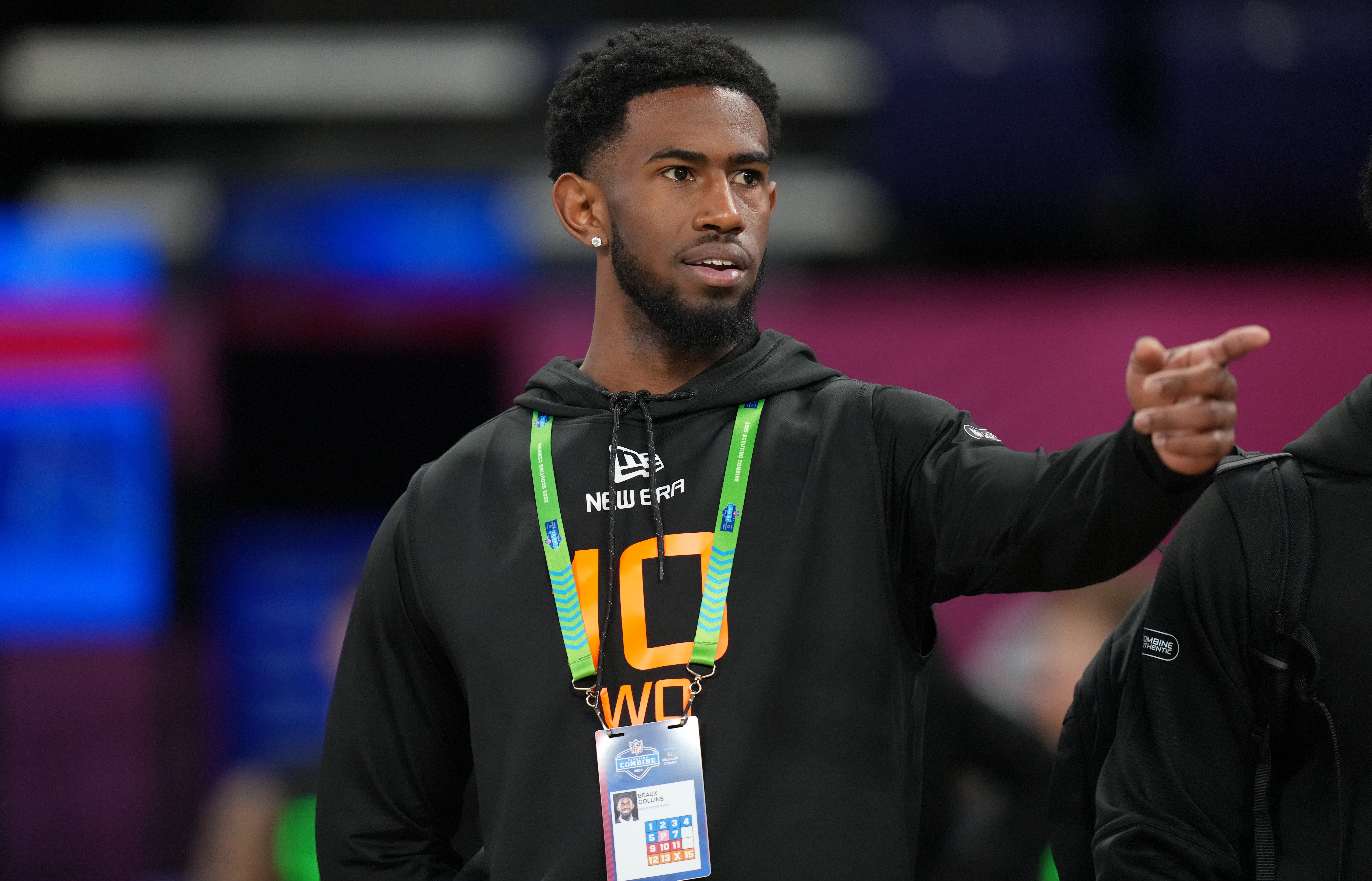 Mar 1, 2025; Indianapolis, IN, USA; Notre Dame wideout Beaux Collins (WO10) during the 2025 NFL Combine at Lucas Oil Stadium.