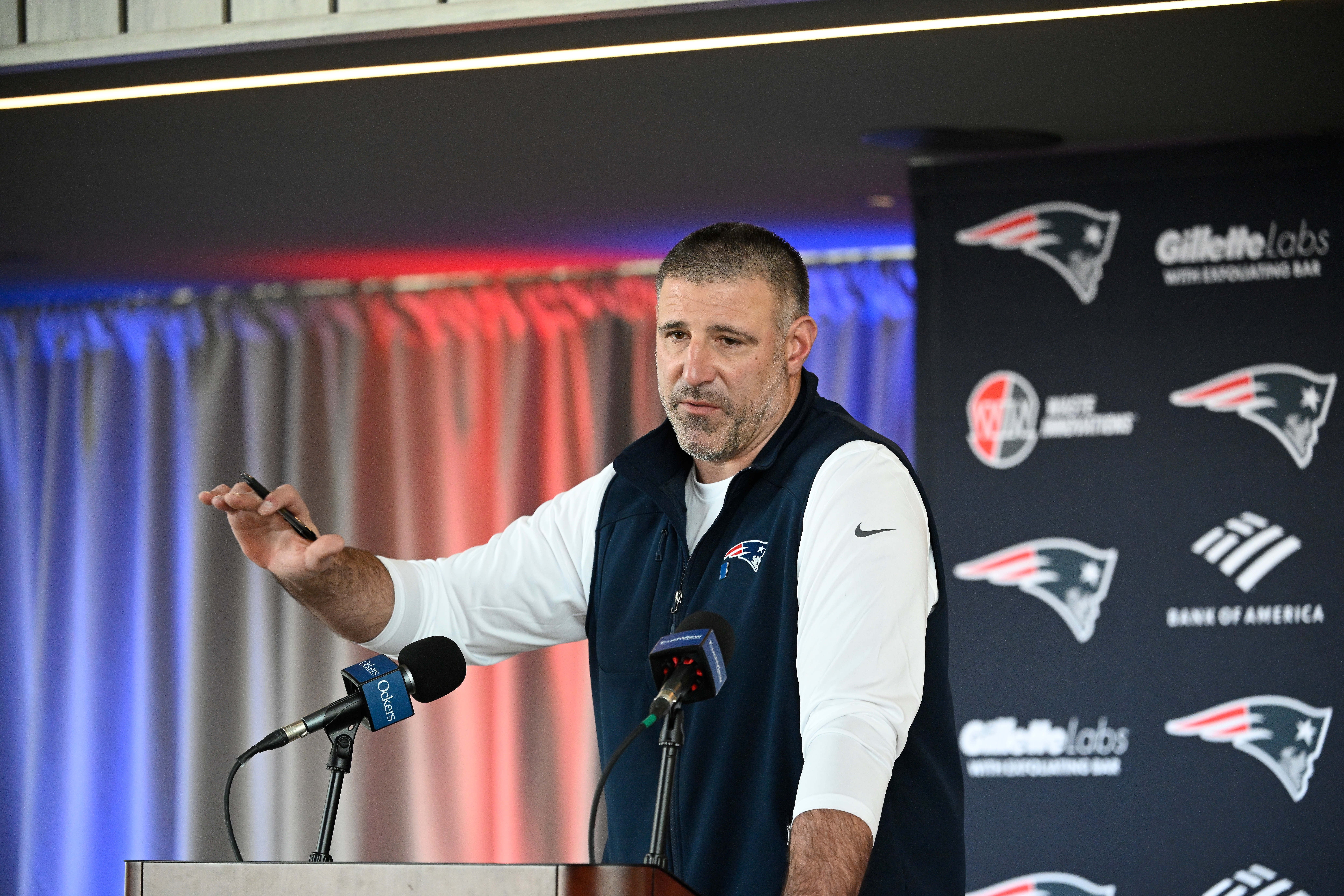 Mar 13, 2025; Foxborough, MA, USA; New England Patriots head coach Mike Vrabel discusses the teamís recent free agent additions with the media at Gillette Stadium