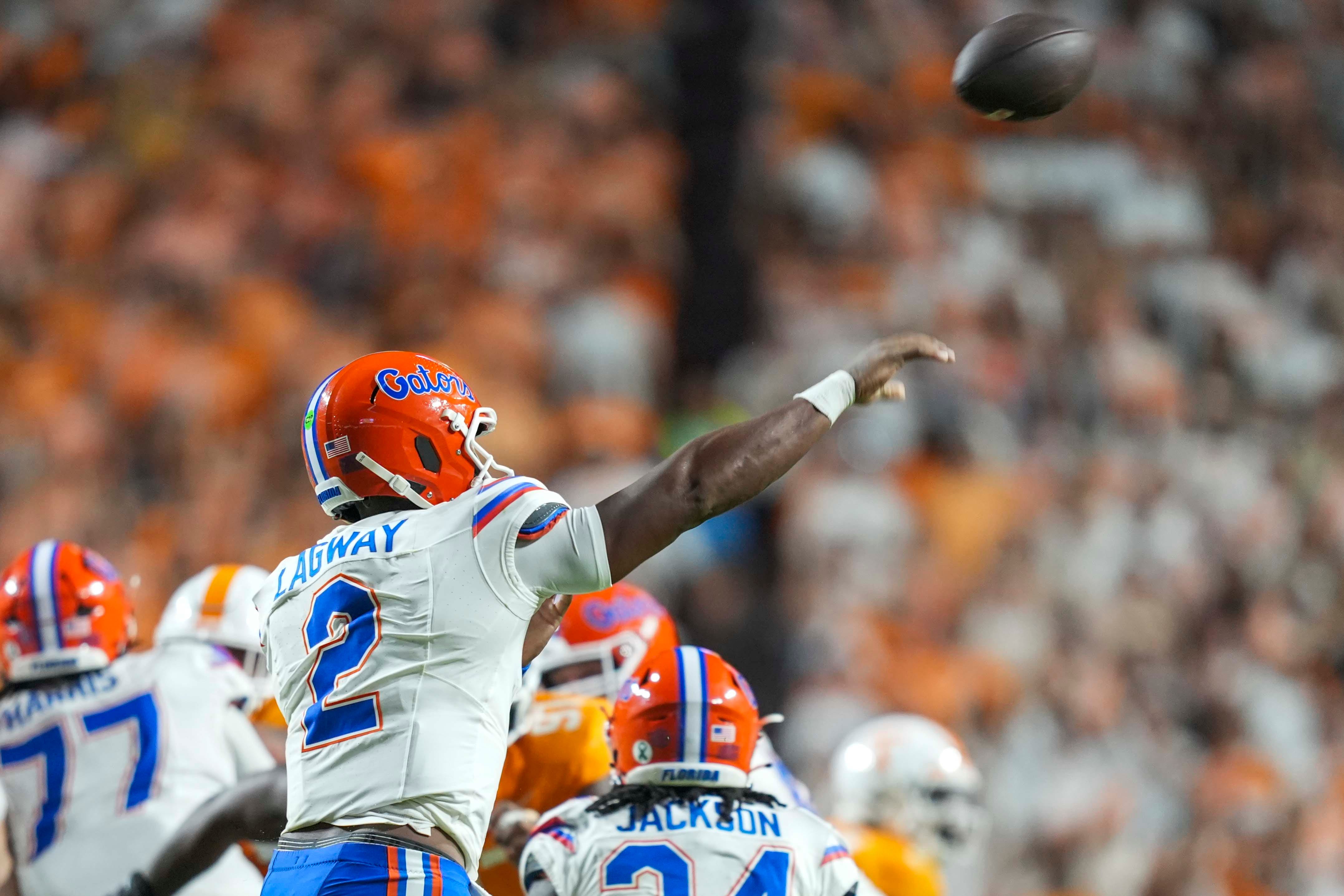 Florida quarterback DJ Lagway (2) throws the ball during a NCAA football game between Tennessee and Florida in Neyland Stadium, in Knoxville, Tenn., Oct. 12, 2024.