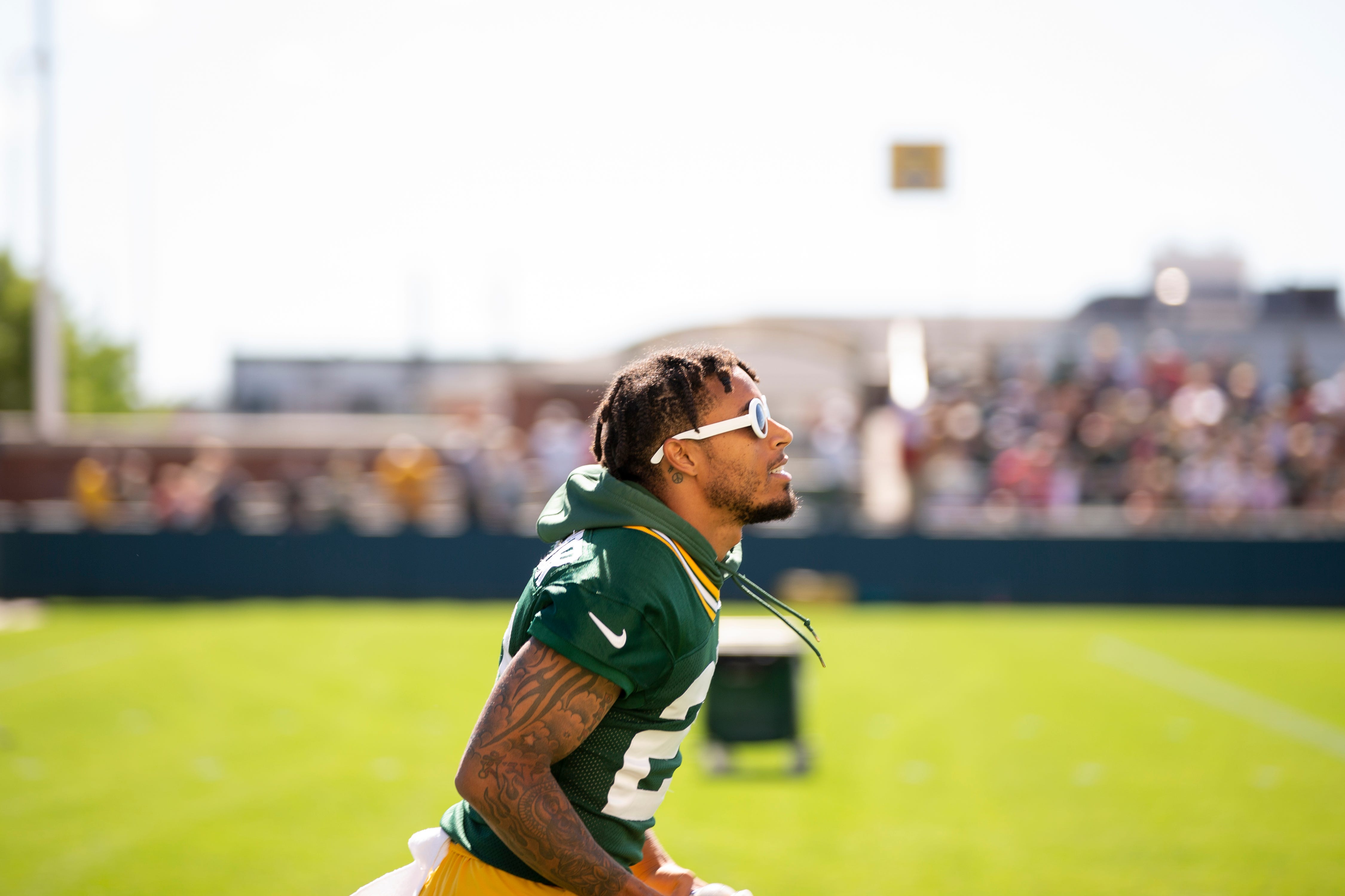 Green Bay Packers cornerback Jaire Alexander (23) arrives to practice during Packers training camp on Thursday, July 28, 2022, at Ray Nitschke Field in Ashwaubenon, Wisconsin.