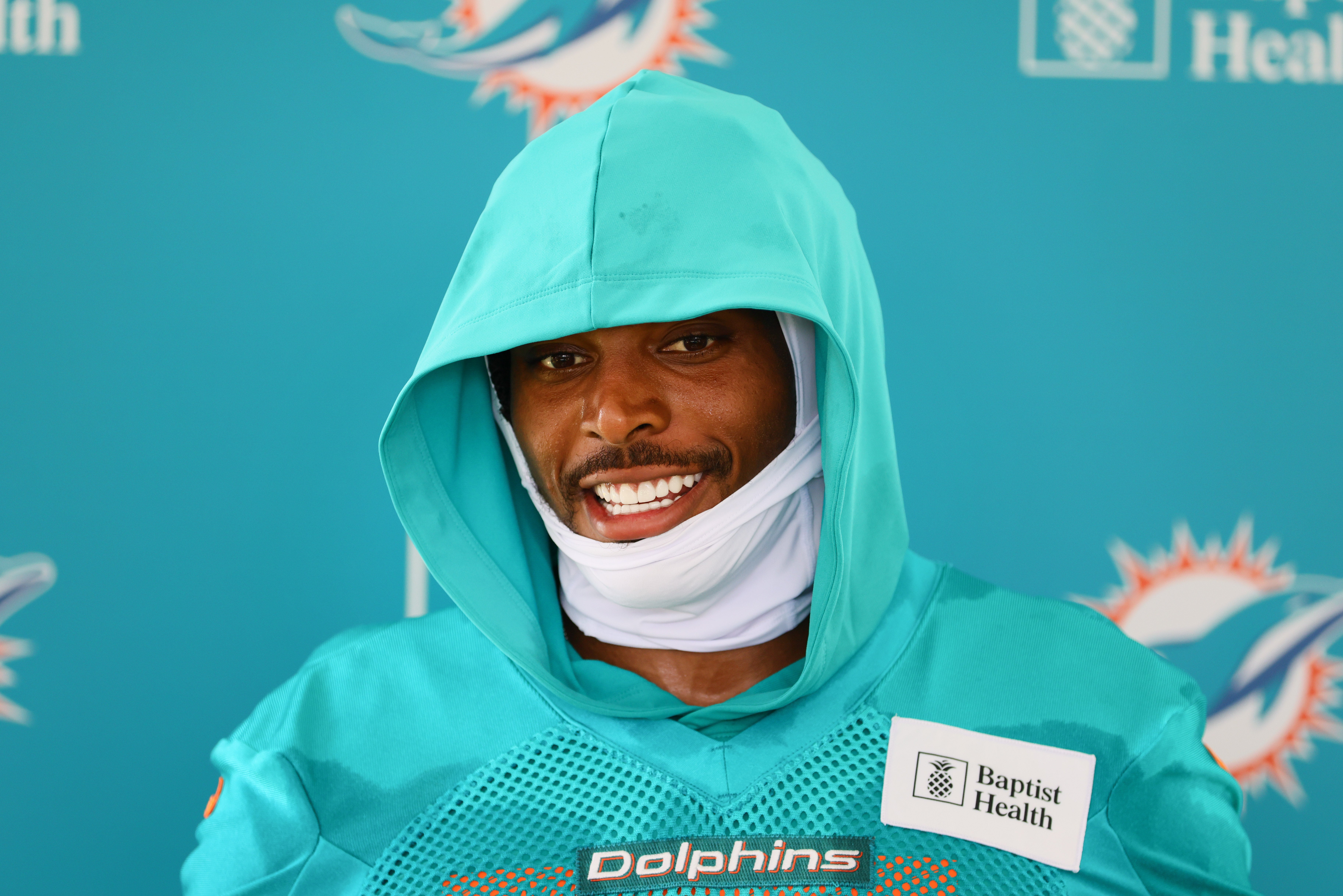 Miami Dolphins cornerback Jalen Ramsey (5) talks to reporters during training camp at Baptist Health Training Complex. Sam Navarro-Imagn Images