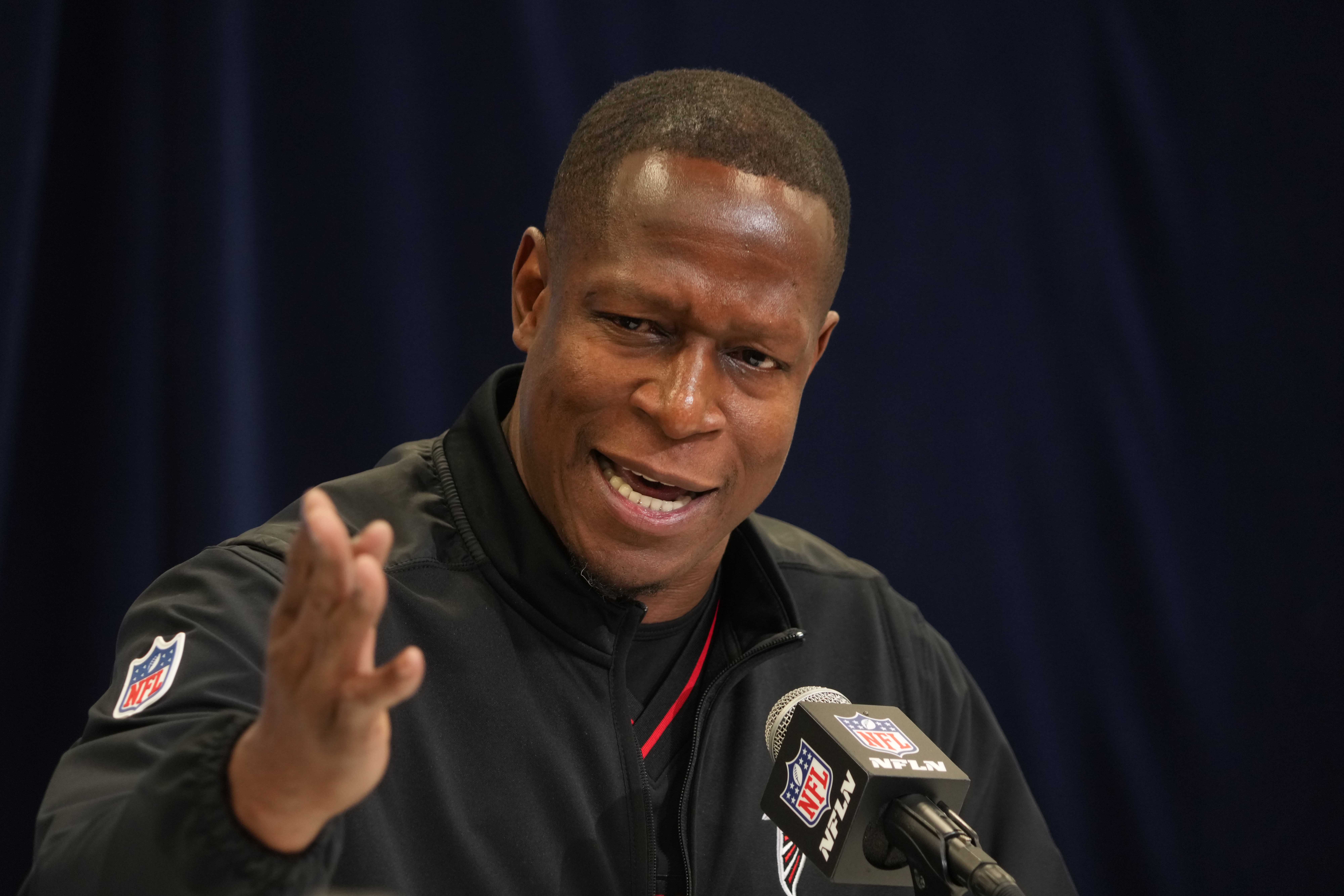 Feb 25, 2025; Indianapolis, IN, USA; Atlanta Falcons coach Raheem Morris speaks during the NFL Scouting Combine at the Indiana Convention Center.