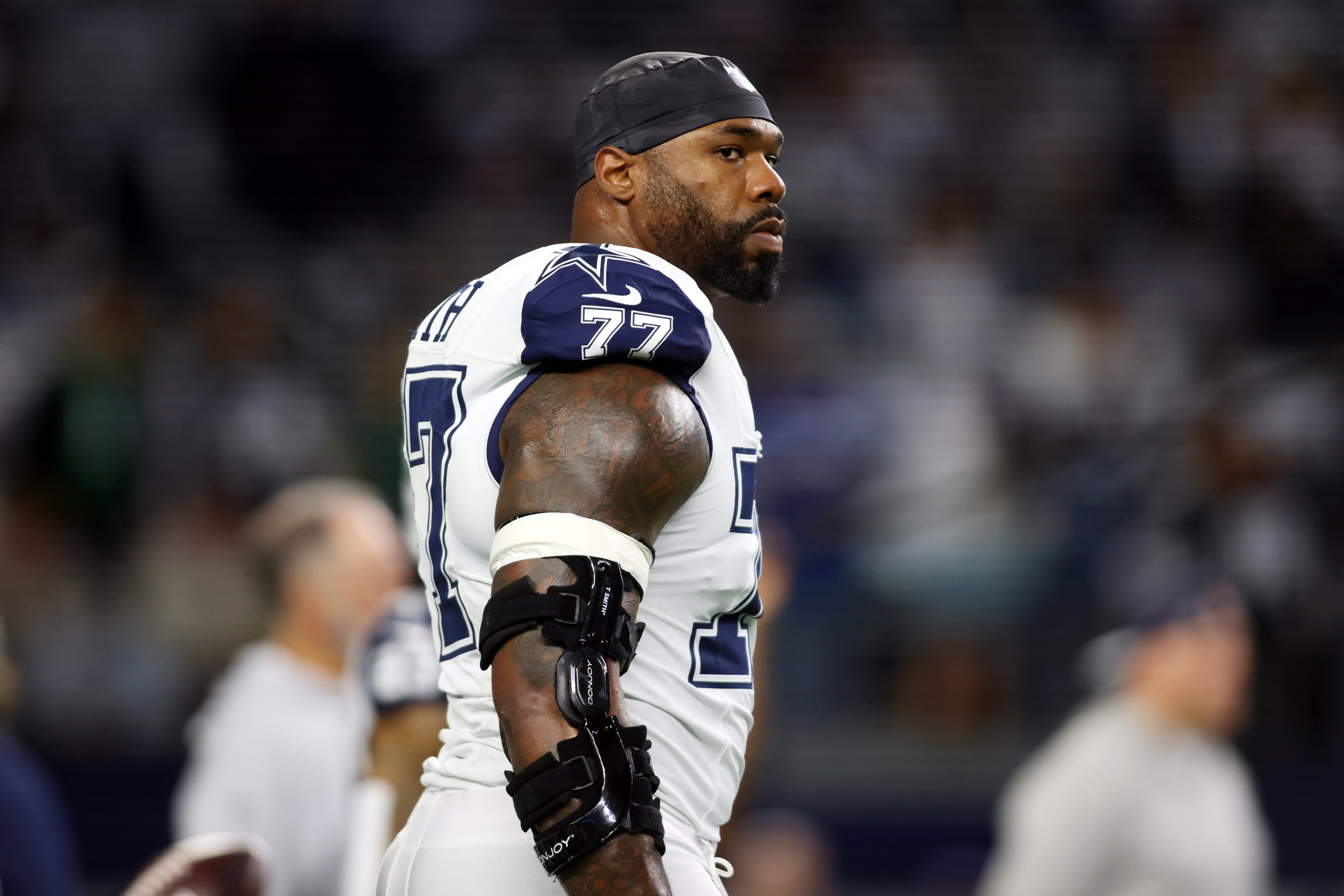 Dallas Cowboys offensive tackle Tyron Smith (77) on the field before the game against the Philadelphia Eagles at AT&T Stadium.