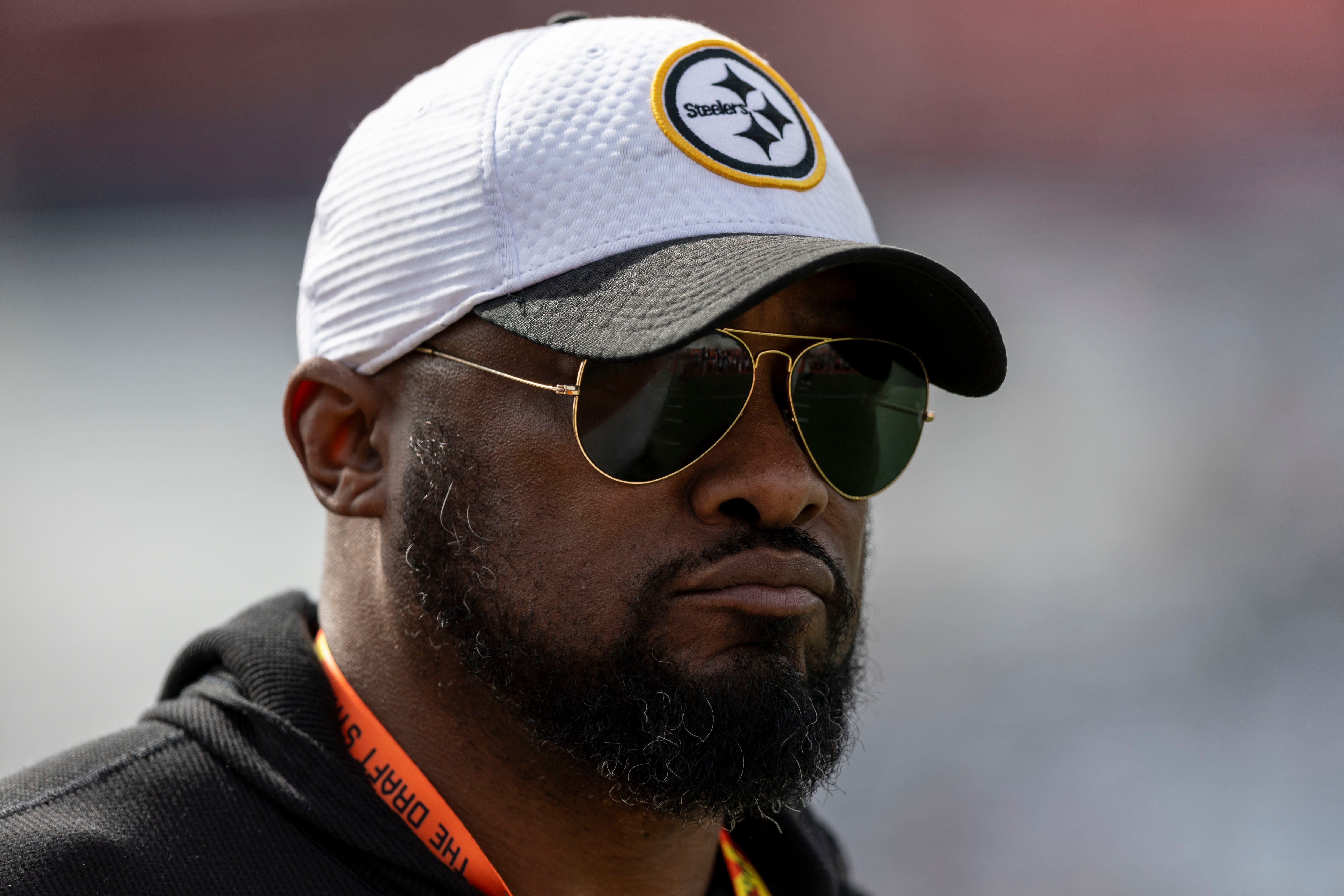 Jan 28, 2025; Mobile, AL, USA; Pittsburgh Steelers head coach Mike Tomlin visits the field during Senior Bowl practice for the American team at Hancock Whitney Stadium. Mandatory Credit: Vasha Hunt-Imagn Images