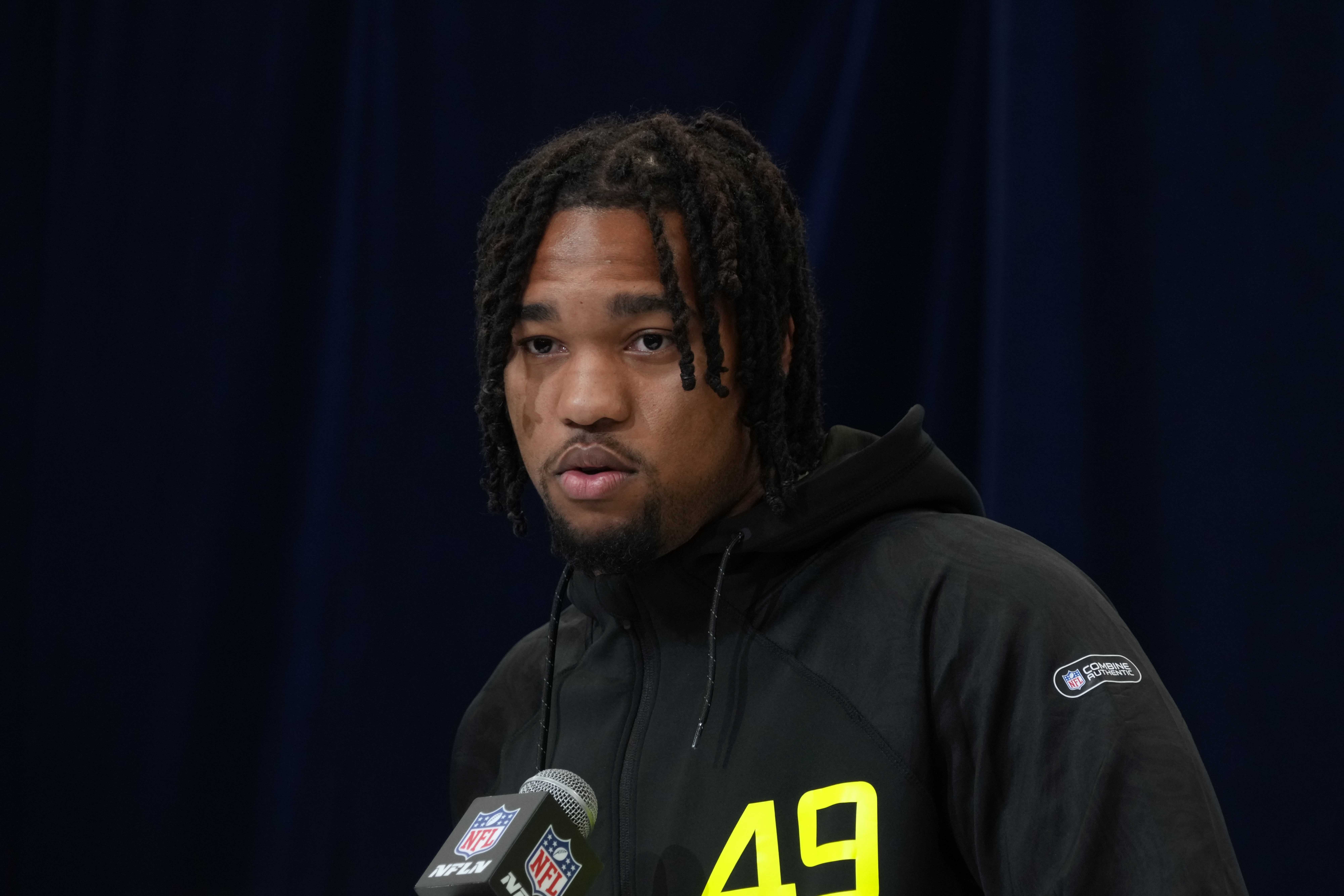 Marshall defensive lineman Mike Green (DL49) during the 2025 NFL Scouting Combine at the Indiana Convention Center.