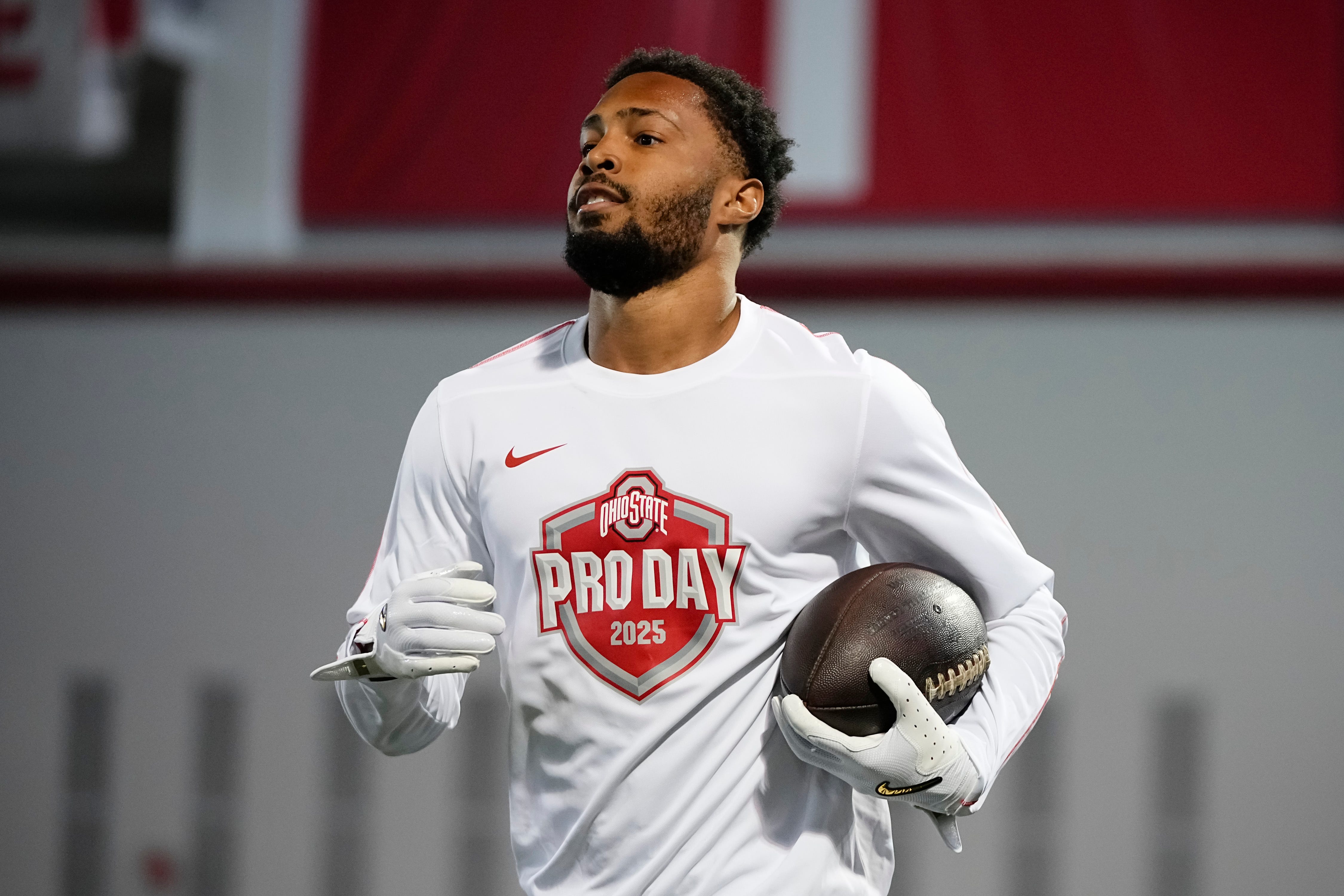 Ohio State Buckeyes cornerback Jordan Hancock (7) works out during the pro day for NFL scouts at the Woody Hayes Athletic Cente on March 26, 2025.