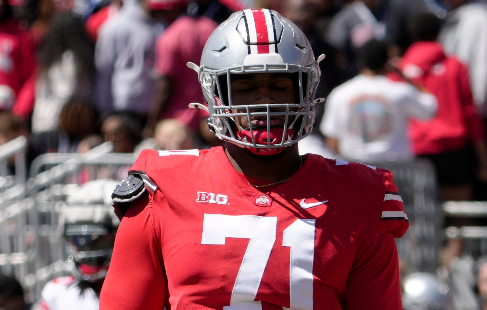 April 13, 2024; Columbus, Ohio, USA; Ohio State Buckeyes offensive tackle Josh Simmons (71) competes during the first half of the LifeSports spring football game at Ohio Stadium on Saturday.