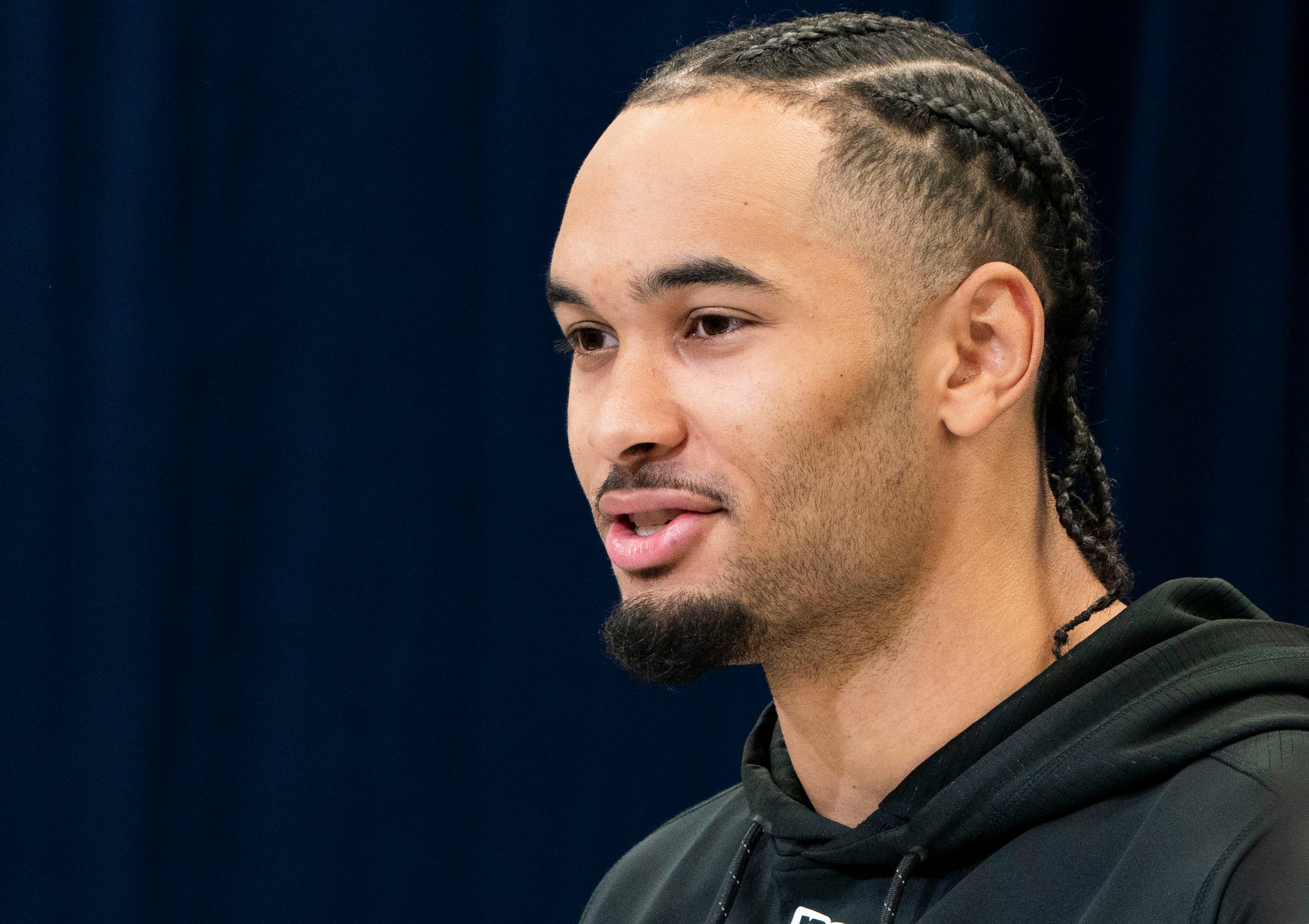 Ohio State wideout Emeka Egbuka (WO12) speaks during a press conference during the 2025 NFL Combine at Indiana Convention Center.