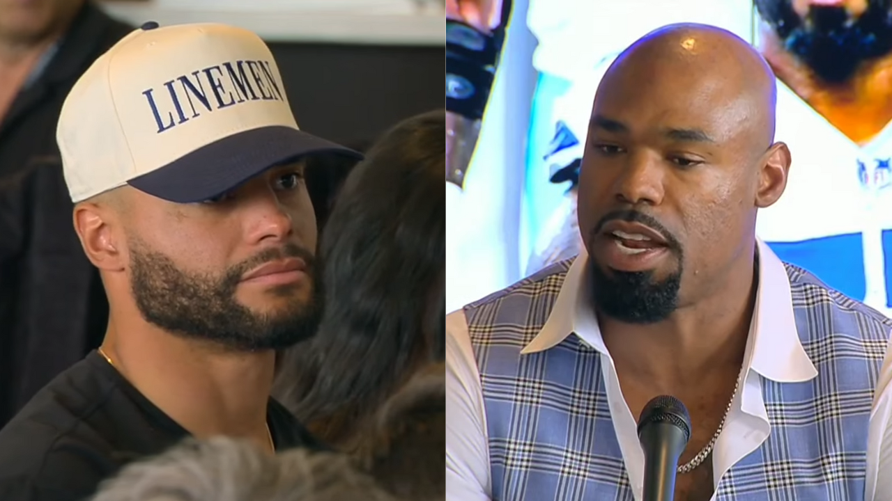 Tyron Smith shouts out Dak Prescott at his retirement press conference in The Star at Frisco, Texas.