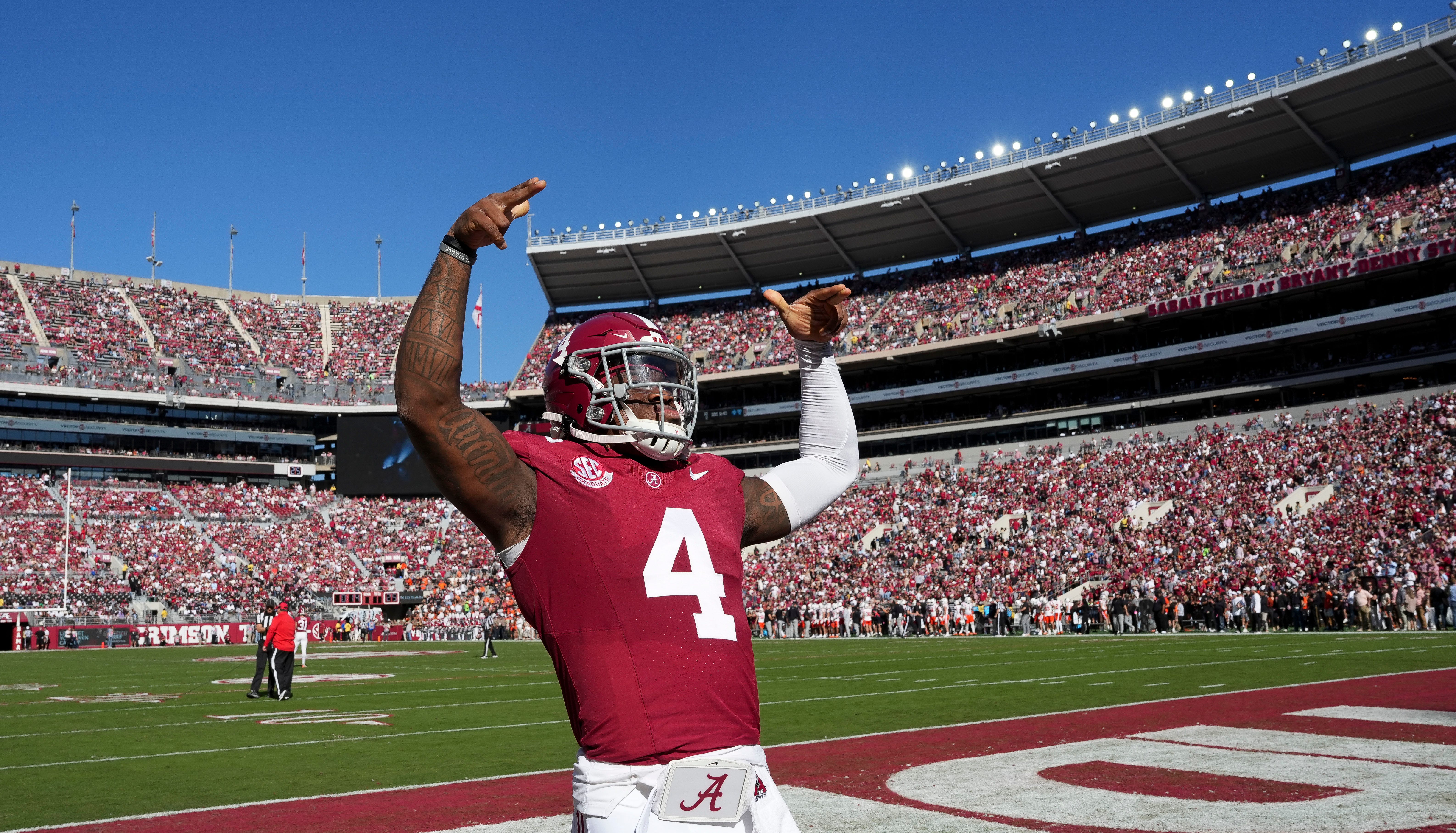 Nov 16, 2024; Tuscaloosa, AL, USA; Alabama Crimson Tide quarterback Jalen Milroe (4) gestures to fans before the start of the Crimson Tide game with Mercer at Bryant-Denny Stadium.