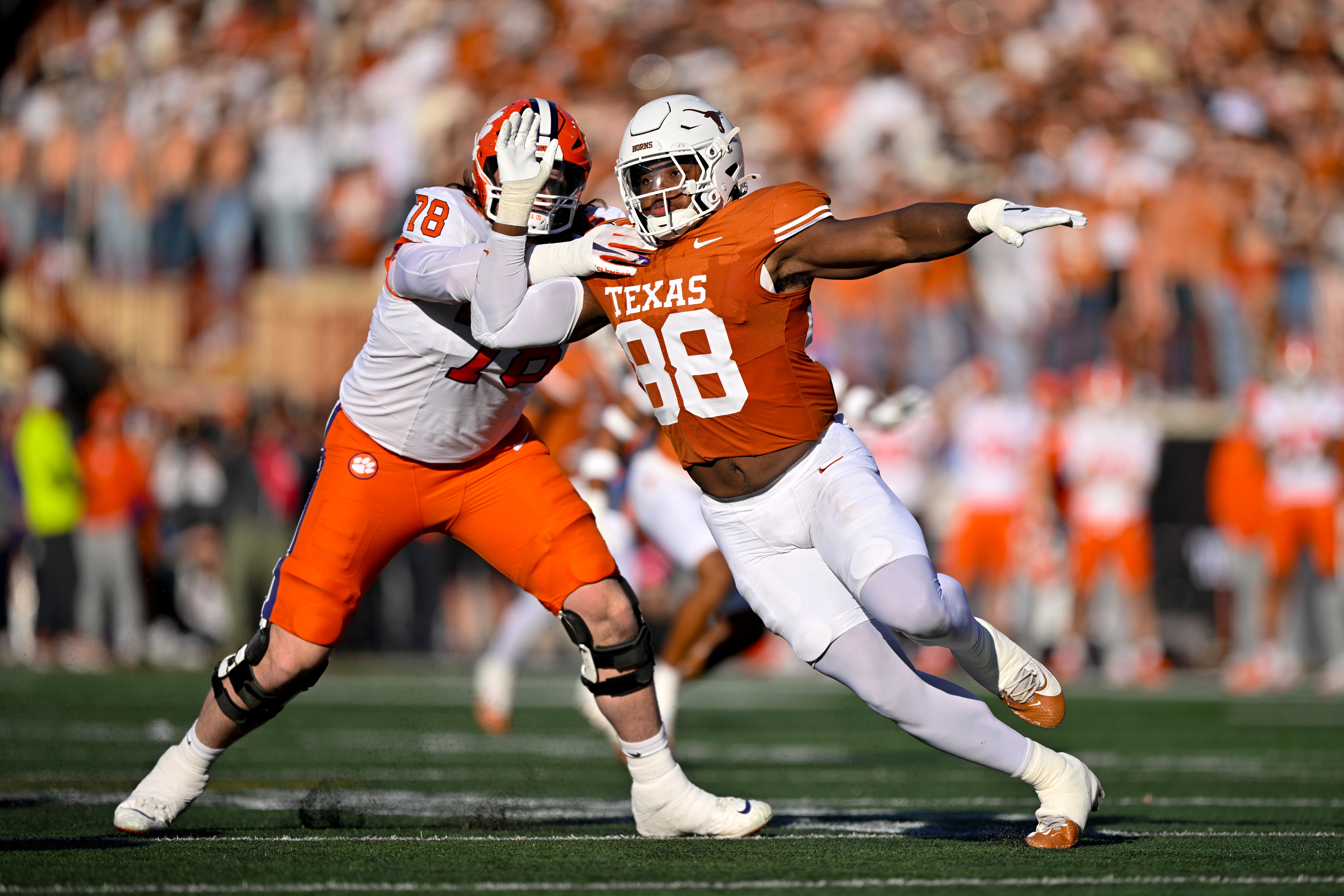 Dec 21, 2024; Austin, Texas, USA; Clemson Tigers offensive lineman Blake Miller (78) and Texas Longhorns linebacker Barryn Sorrell (88) in action during the game between the Texas Longhorns and the Clemson Tigers in the CFP National Playoff First Round at Darrell K Royal-Texas Memorial Stadium.
