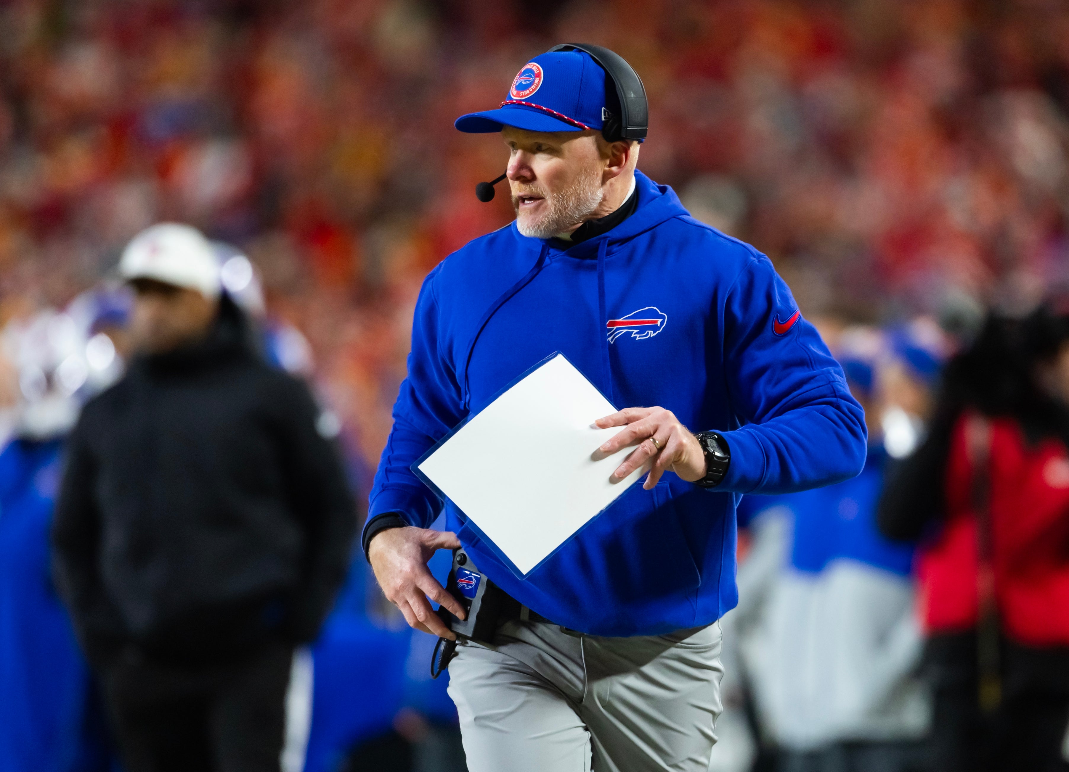 Jan 26, 2025; Kansas City, MO, USA; Buffalo Bills head coach Sean McDermott against the Kansas City Chiefs during the AFC Championship game at GEHA Field at Arrowhead Stadium.
