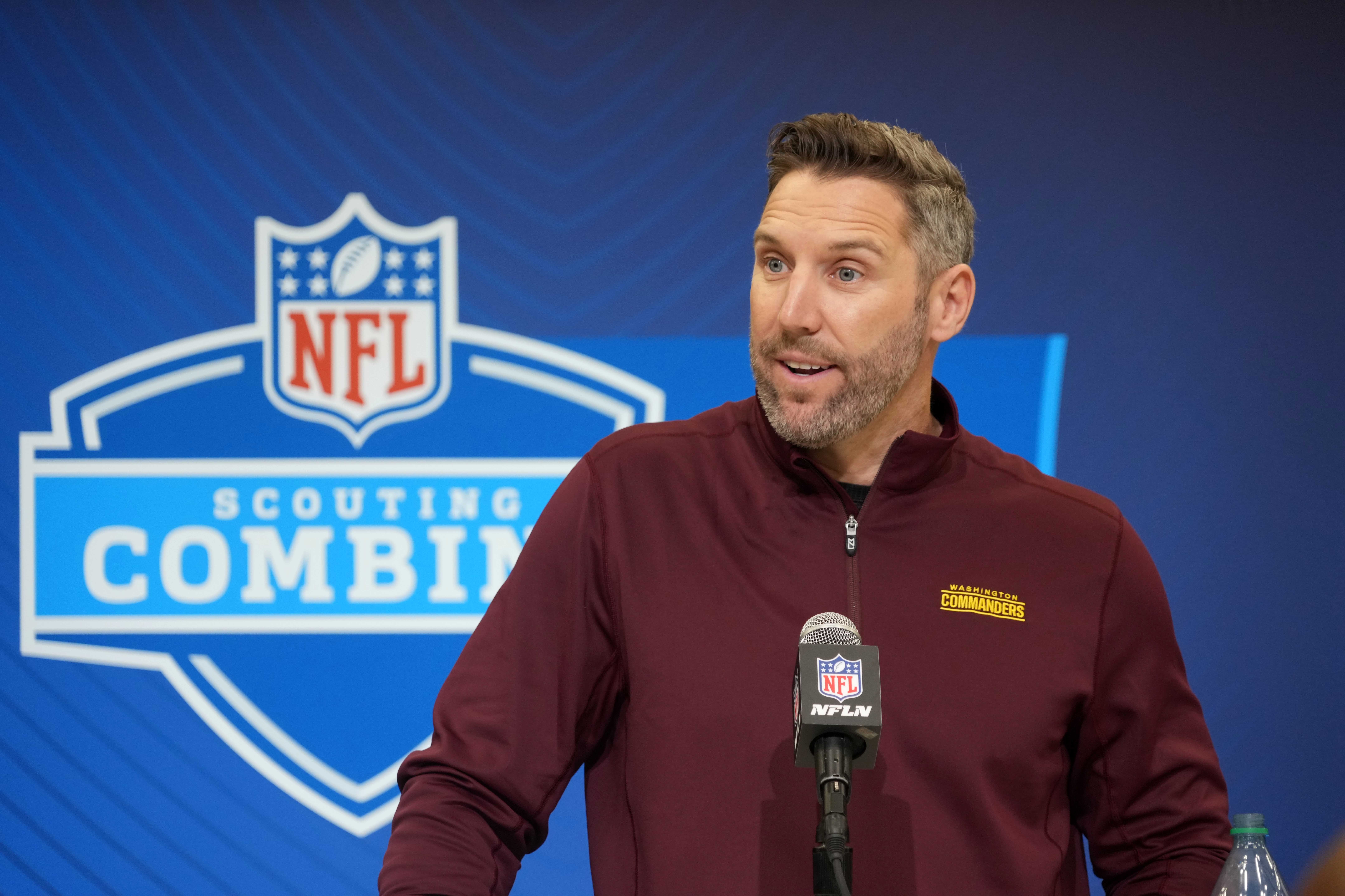 Feb 25, 2025; Indianapolis, IN, USA; Washington Commanders general manager Adam Peters speaks during the NFL Scouting Combine at the Indiana Convention Center.