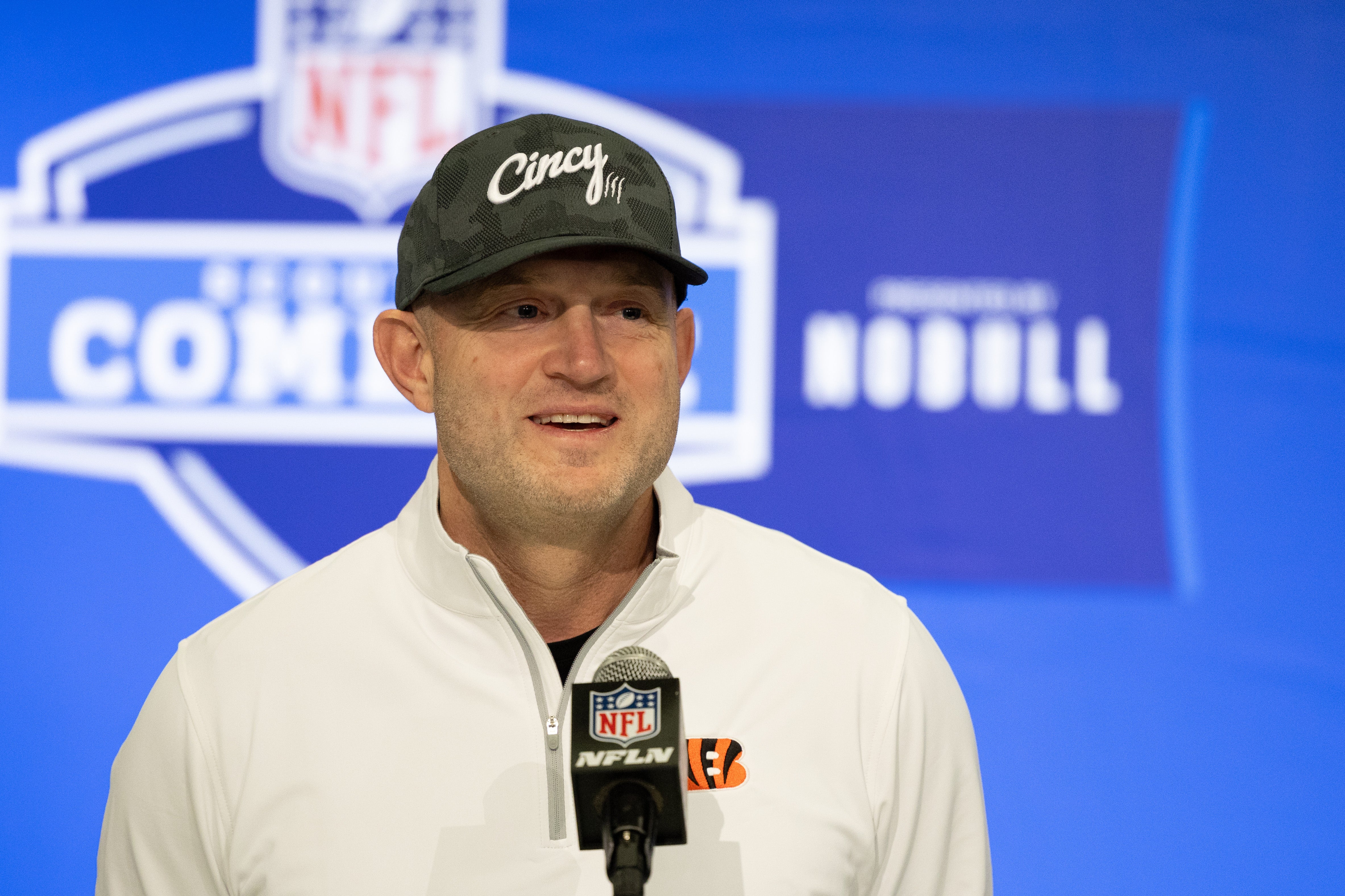 Feb 27, 2024; Indianapolis, IN, USA; Cincinnati Bengals director of player personnel Duke Tobin talks to the media at the 2024 NFL Combine at Indiana Convention Center.
