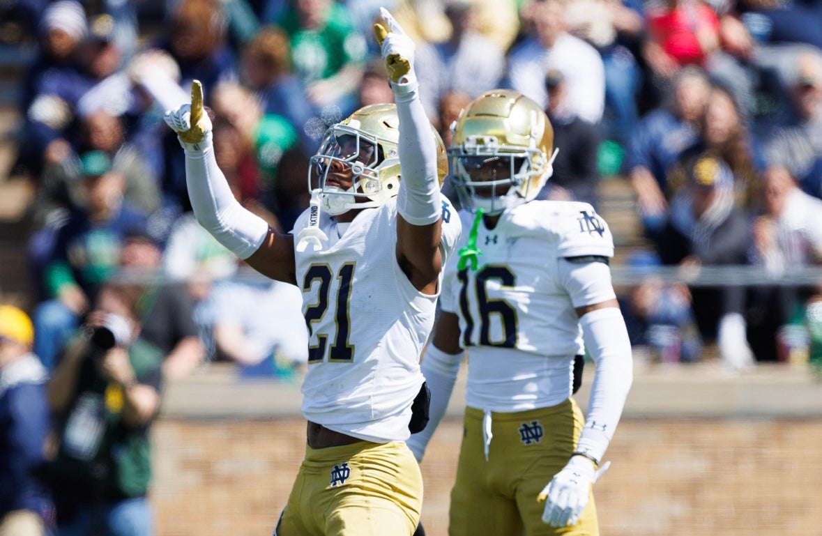 Notre Dame corner back Karson Hobbs (21) celebrates during the Notre Dame Blue-Gold spring football game at Notre Dame Stadium on Saturday, April 12, 2025, in South Bend. 