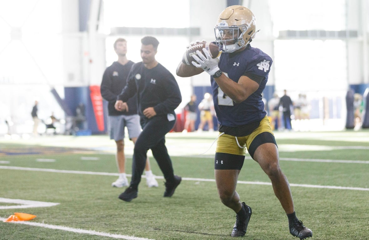 Notre Dame wide receiver Will Pauling during a Notre Dame football spring practice at Irish Athletic Center on Wednesday, March 19, 2025, in South Bend.