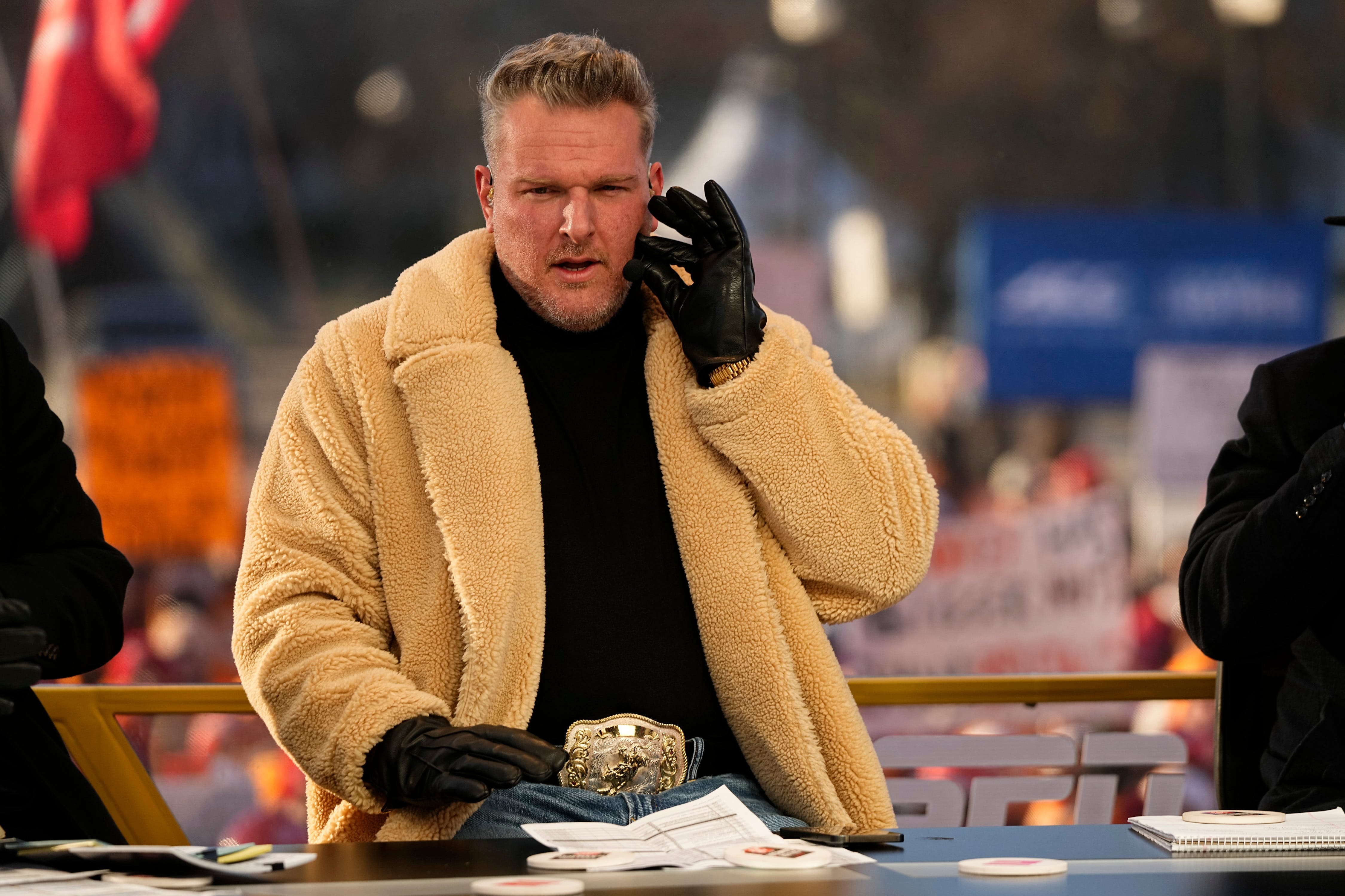 Pat McAfee talks on the set of ESPN College GameDay prior to the College Football Playoff first round game between the Ohio State Buckeyes and Tennessee Volunteers in Columbus on Dec. 21, 2024.
