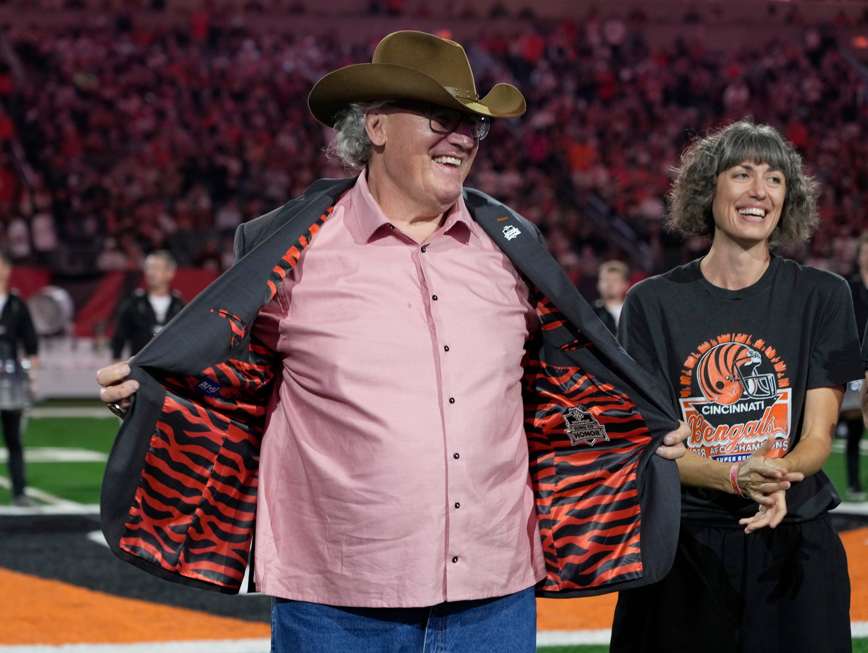 Tim Krumrie, former Bengals nose tackle who played 12-year for the Bengals shows his jacket during the Ring of Honor presentation Monday, September 23, 2024 at Paycor Stadium.