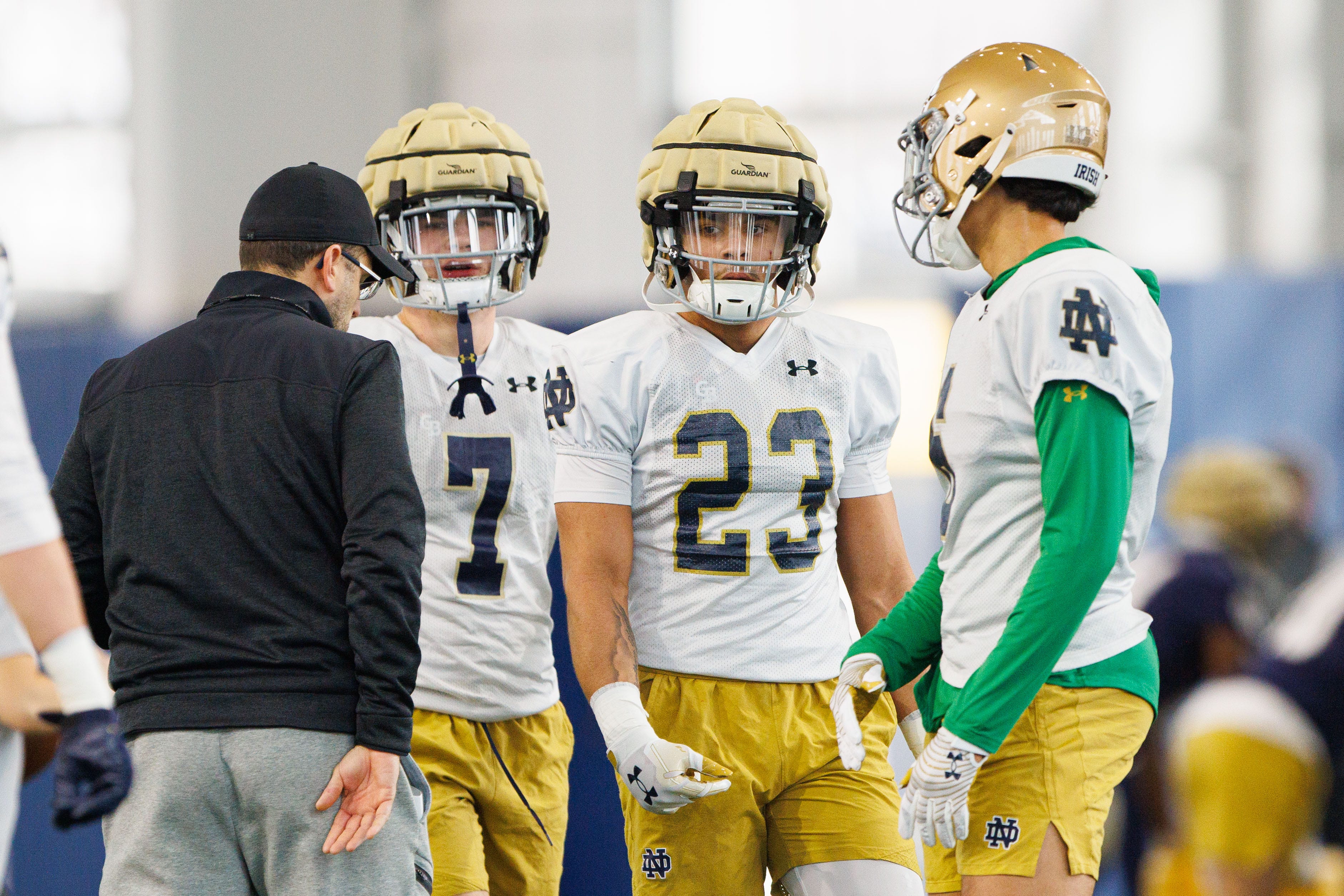 Notre Dame safety Kennedy Urlacher (23) participates in a drill during a Notre Dame football practice at Irish Athletic Center on Sunday, Jan. 5, 2025, in South Bend.