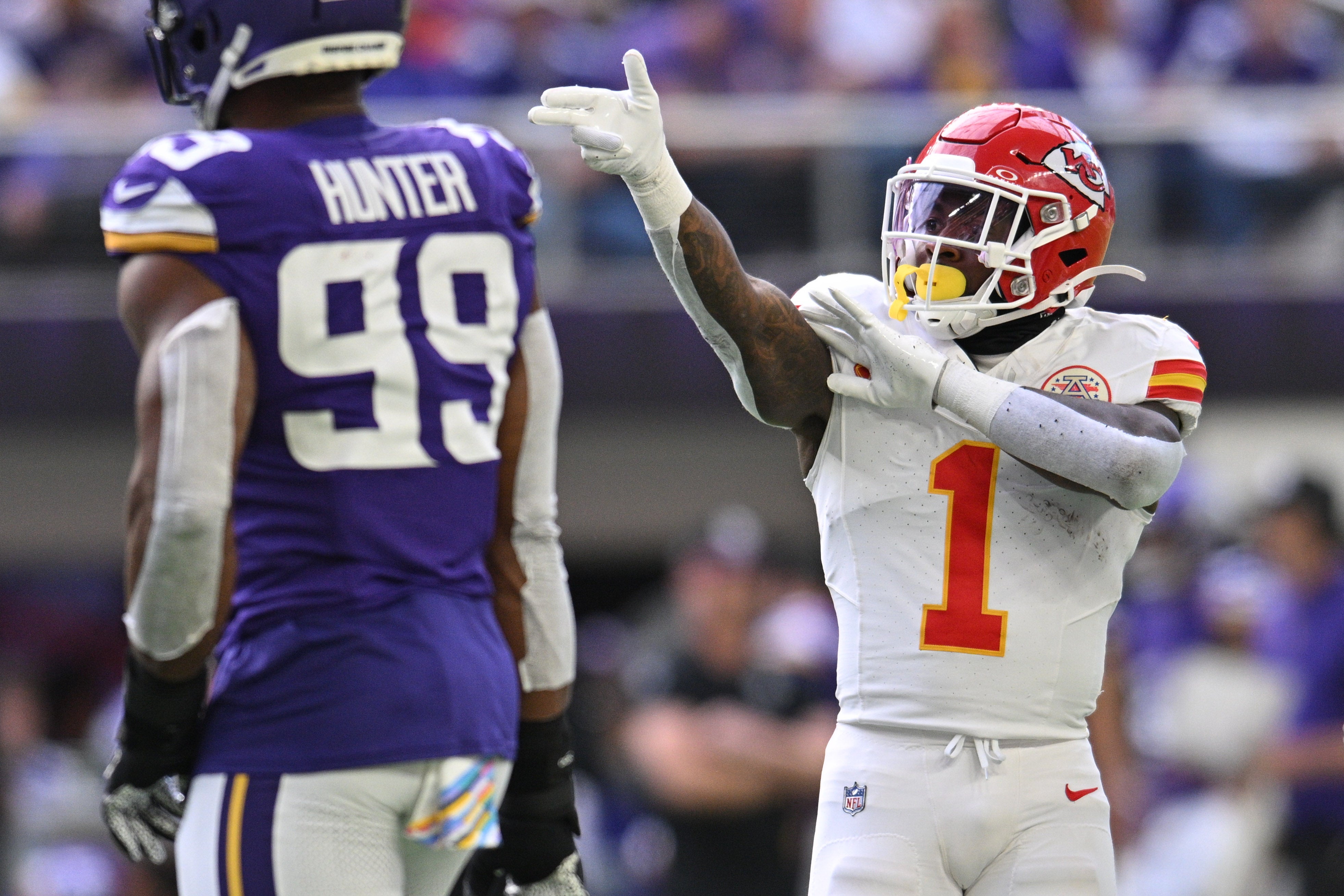 Oct 8, 2023; Minneapolis, Minnesota, USA; Kansas City Chiefs running back Jerick McKinnon (1) reacts during the second quarter against the Minnesota Vikings at U.S. Bank Stadium.