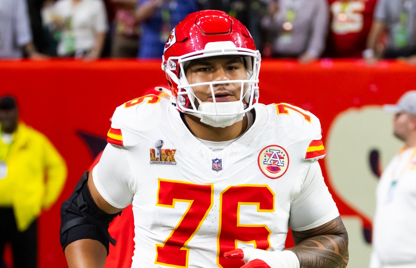 Feb 9, 2025; New Orleans, LA, USA; Kansas City Chiefs offensive lineman Kingsley Suamataia (76) against the Philadelphia Eagles in Super Bowl LIX at Caesars Superdome.
