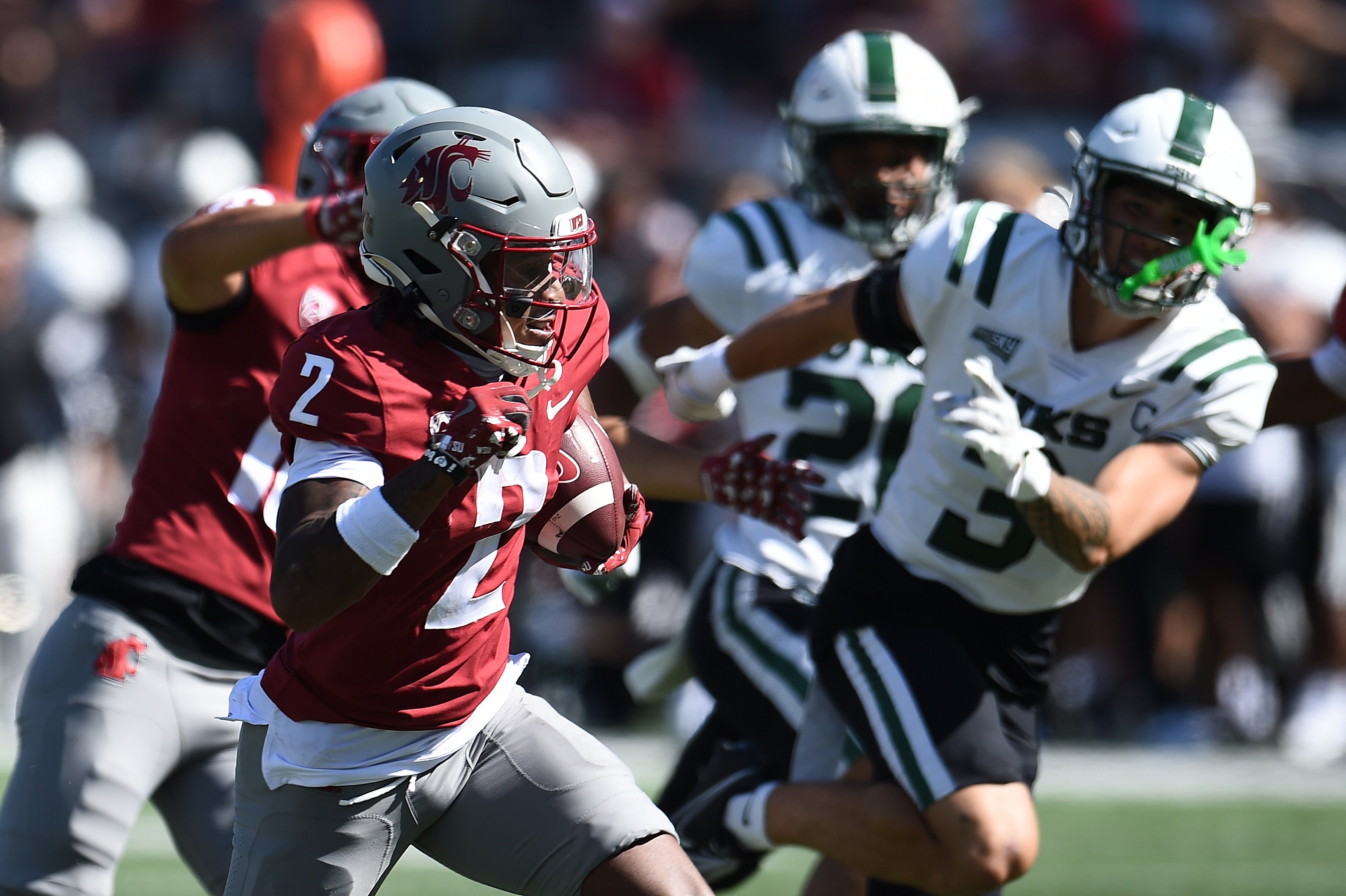 Washington State Cougars wide receiver Kyle Williams (2) carries the ball for a touchdown against the Portland State Vikings in the second half at Gesa Field at Martin Stadium.