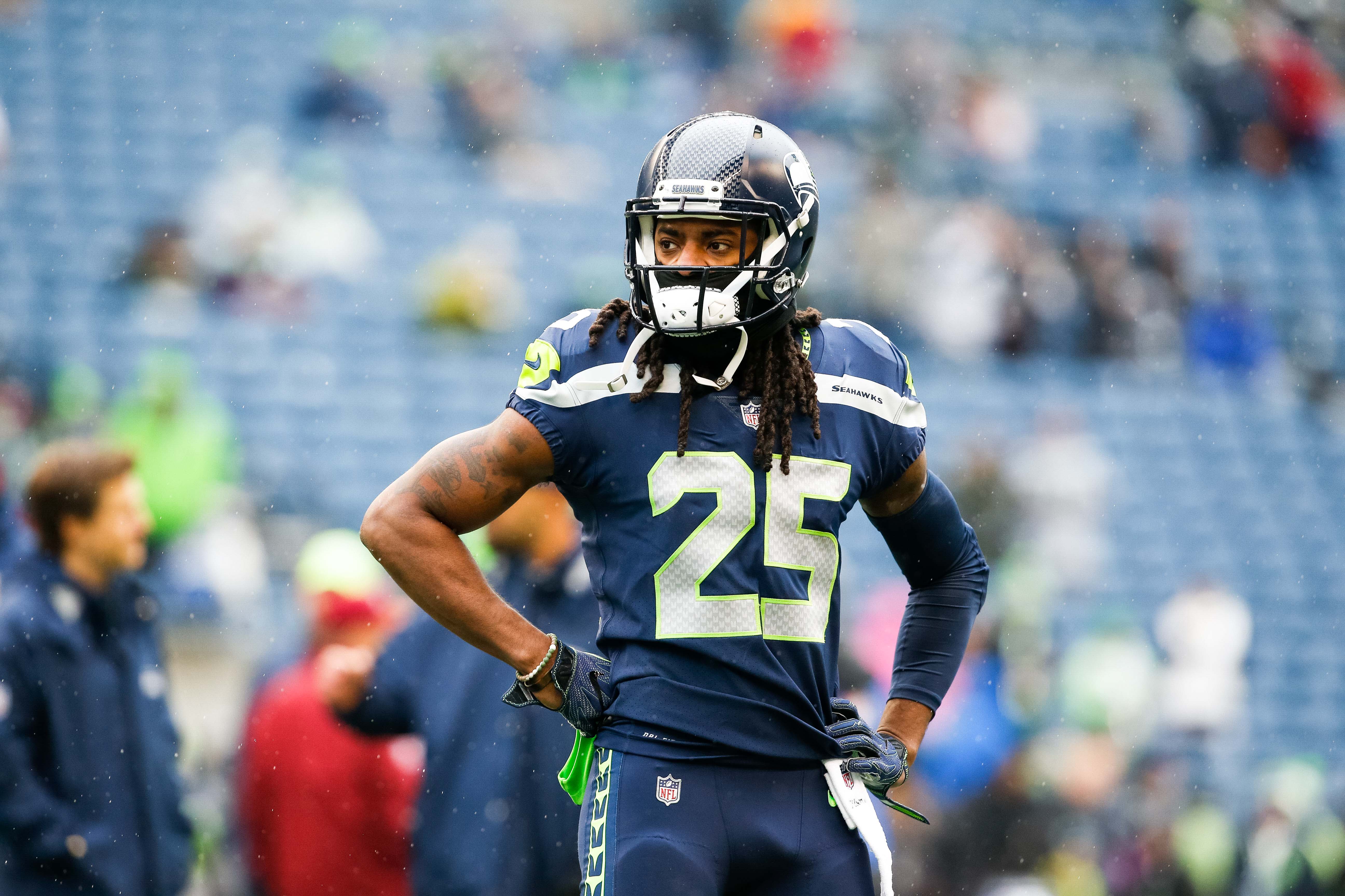 Nov 5, 2017; Seattle, WA, USA; Seattle Seahawks cornerback Richard Sherman (25) participates in pregame warmups against the Washington Redskins at CenturyLink Field.