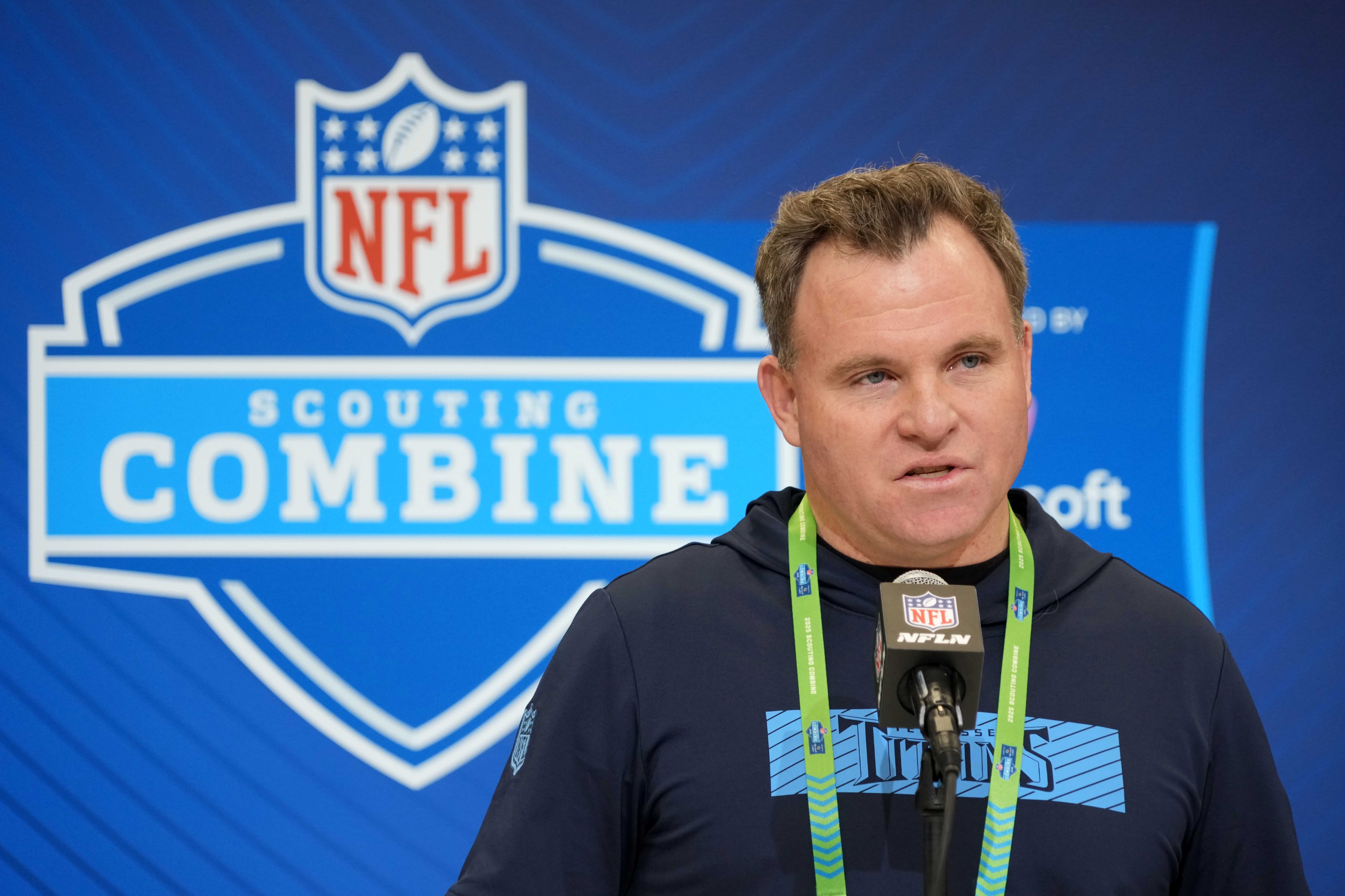 Tennessee Titans general manager Mike Borgonzi speaks during the NFL Scouting Combine at the Indiana Convention Center. Kirby Lee-Imagn Images
