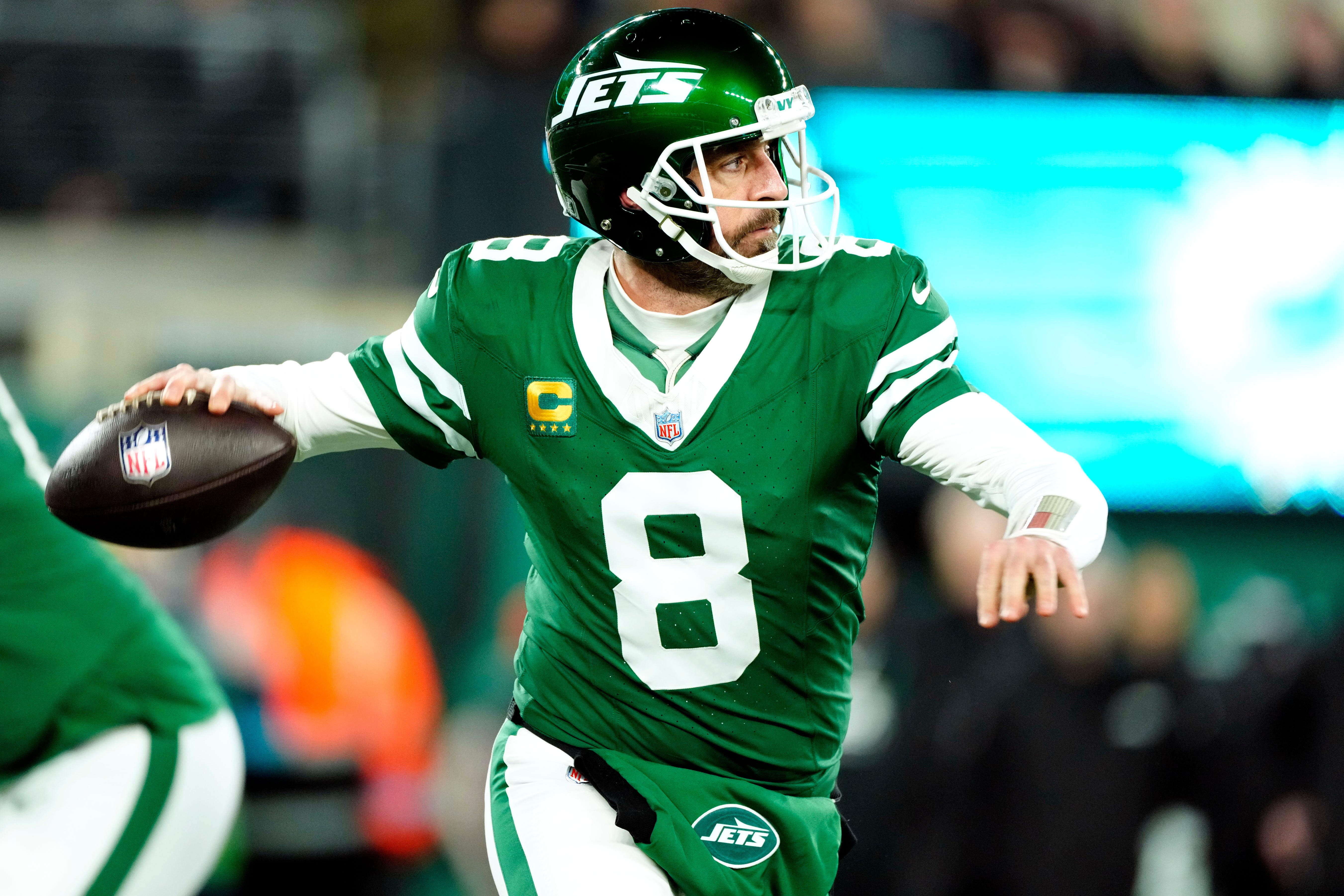 New York Jets quarterback Aaron Rodgers (8) may have played his last game for Gang Green, Sunday January 5, 2025, in East Rutherford Kevin R. Wexler-NorthJersey.com-USA TODAY NETWORK via Imagn Images