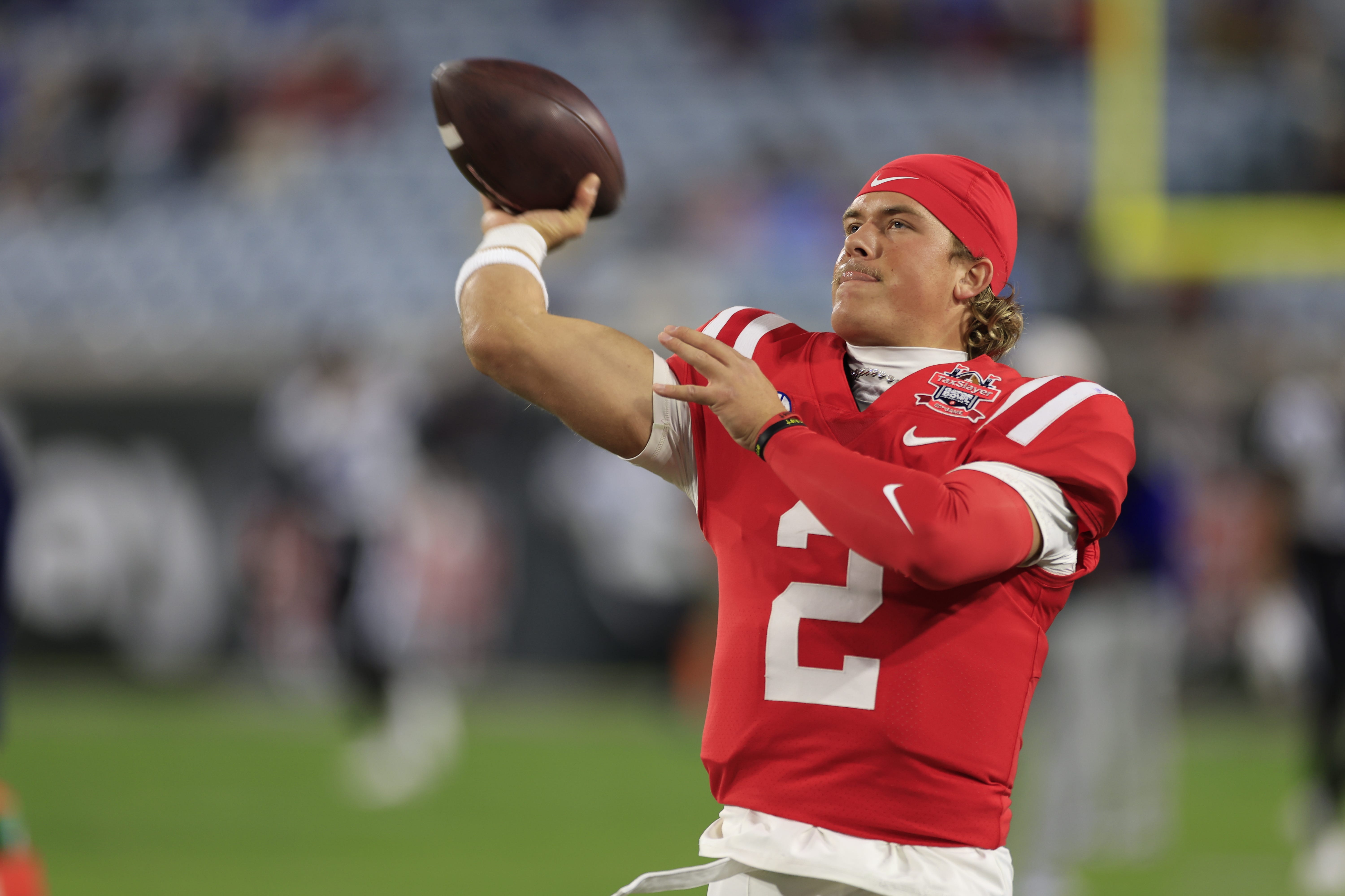 Jaxson Dart, QB Ole Miss warms up before a game for the Rebels