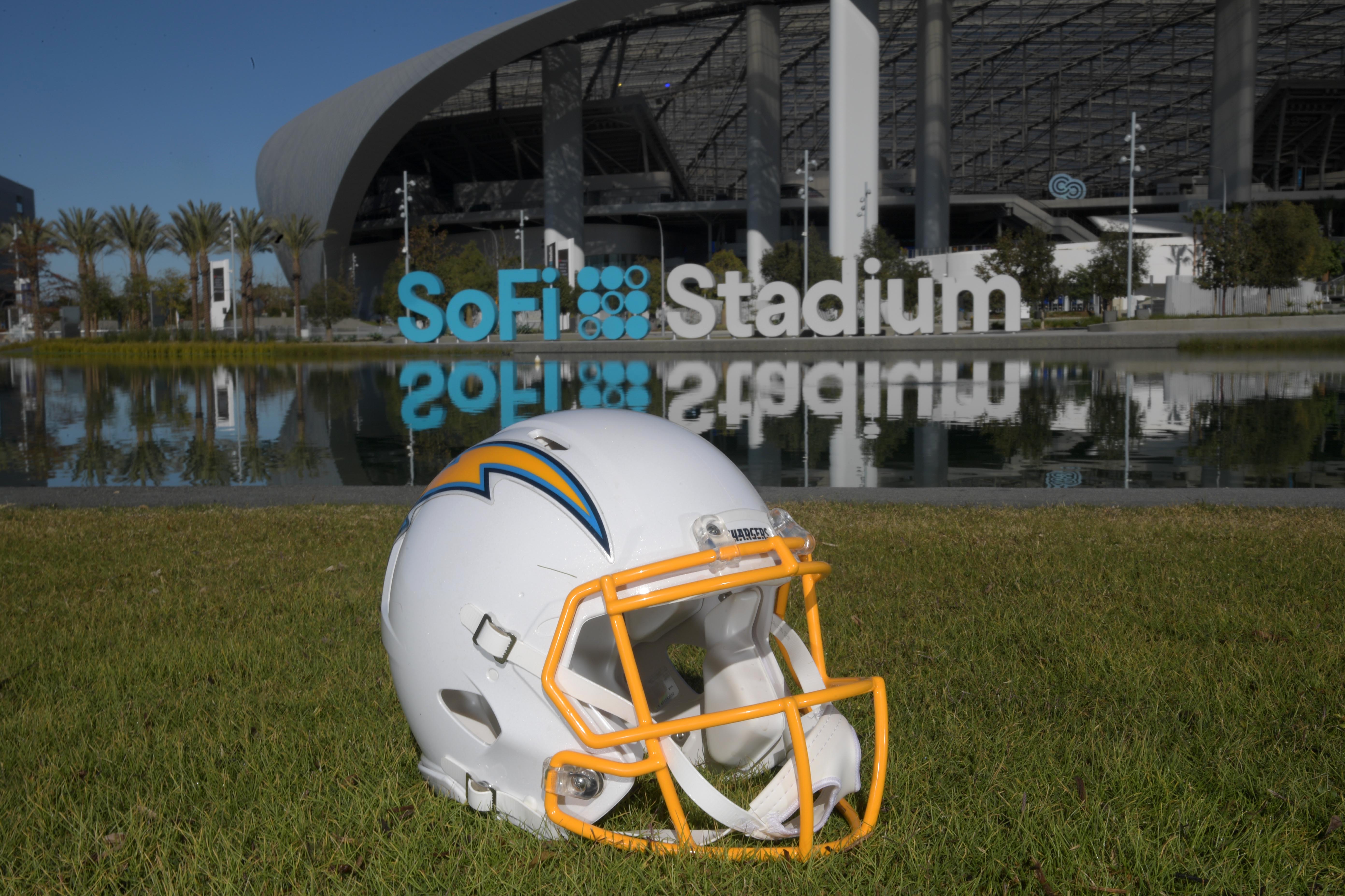 Dec 16, 2021; Inglewood, California, USA; A detailed view of a Los Angeles Chargers helmet at SoFi Stadium.