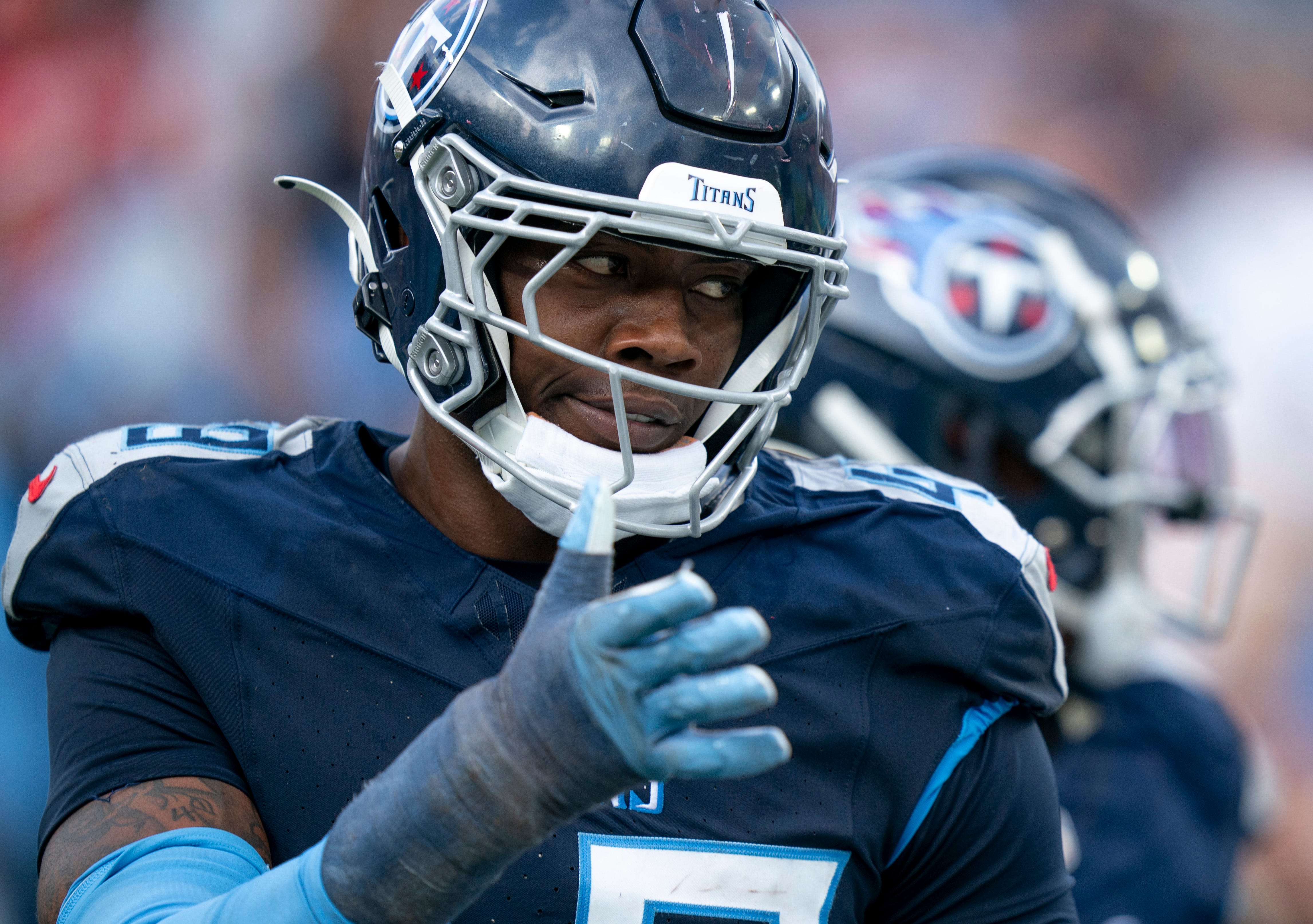 Tennessee Titans linebacker Arden Key (49) is congratulated after sacking New England Patriots quarterback Drake Maye (10) during their game at Nissan Stadium in Nashville, Tenn., Sunday, Nov. 3, 2024 Denny Simmons / The Tennessean-USA TODAY NETWORK via Imagn Images