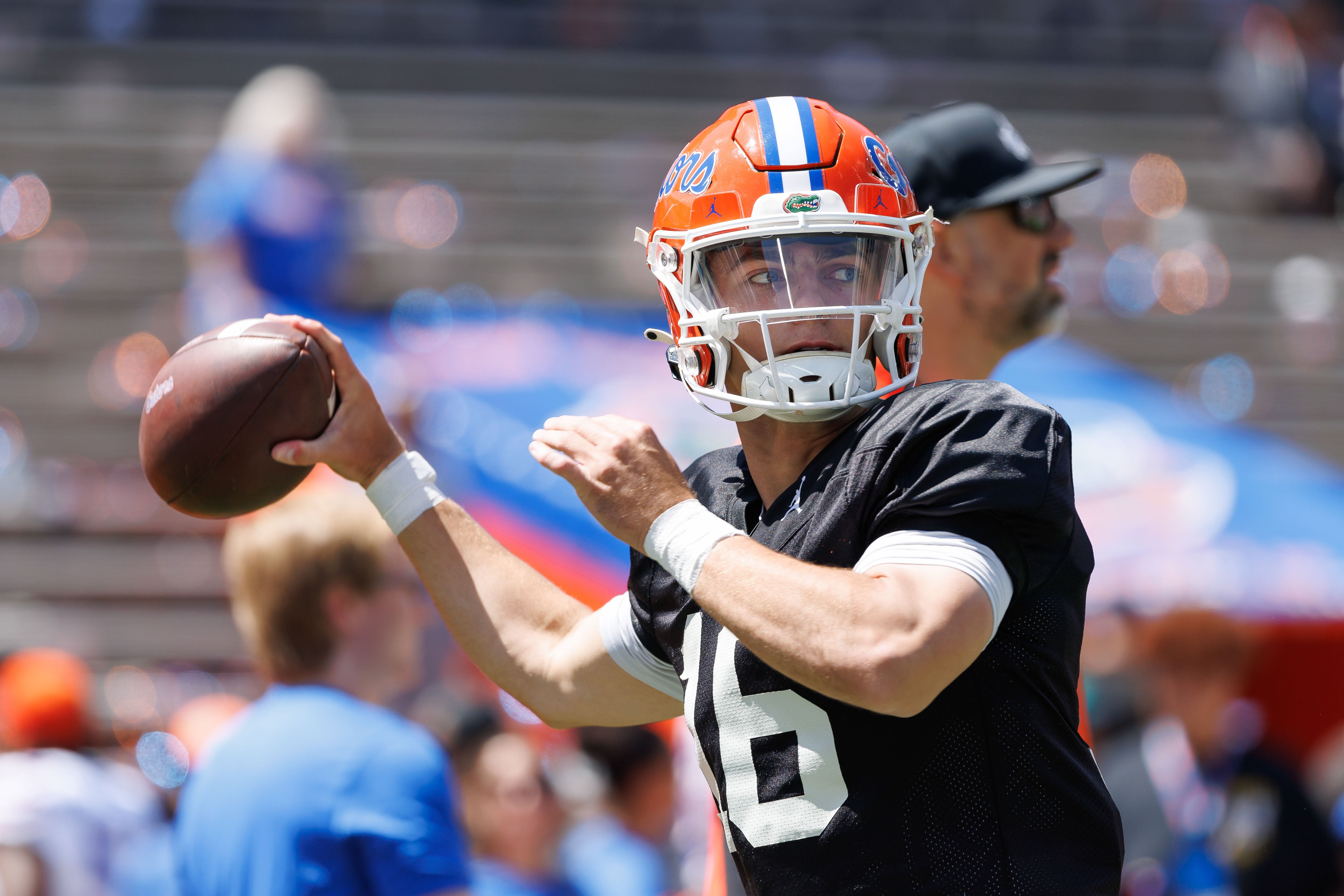 Apr 12, 2025; Gainesville, FL, USA; Florida Gators quarterback Aidan Warner (16) throws the ball before the game at Ben Hill Griffin Stadium.