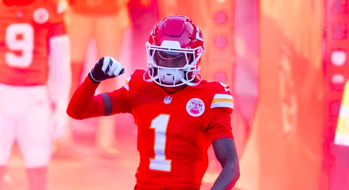 Jan 26, 2025; Kansas City, MO, USA; Kansas City Chiefs wide receiver Xavier Worthy (1) reacts as he enters the field prior to the game against the Buffalo Bills in the AFC Championship game at GEHA Field at Arrowhead Stadium.