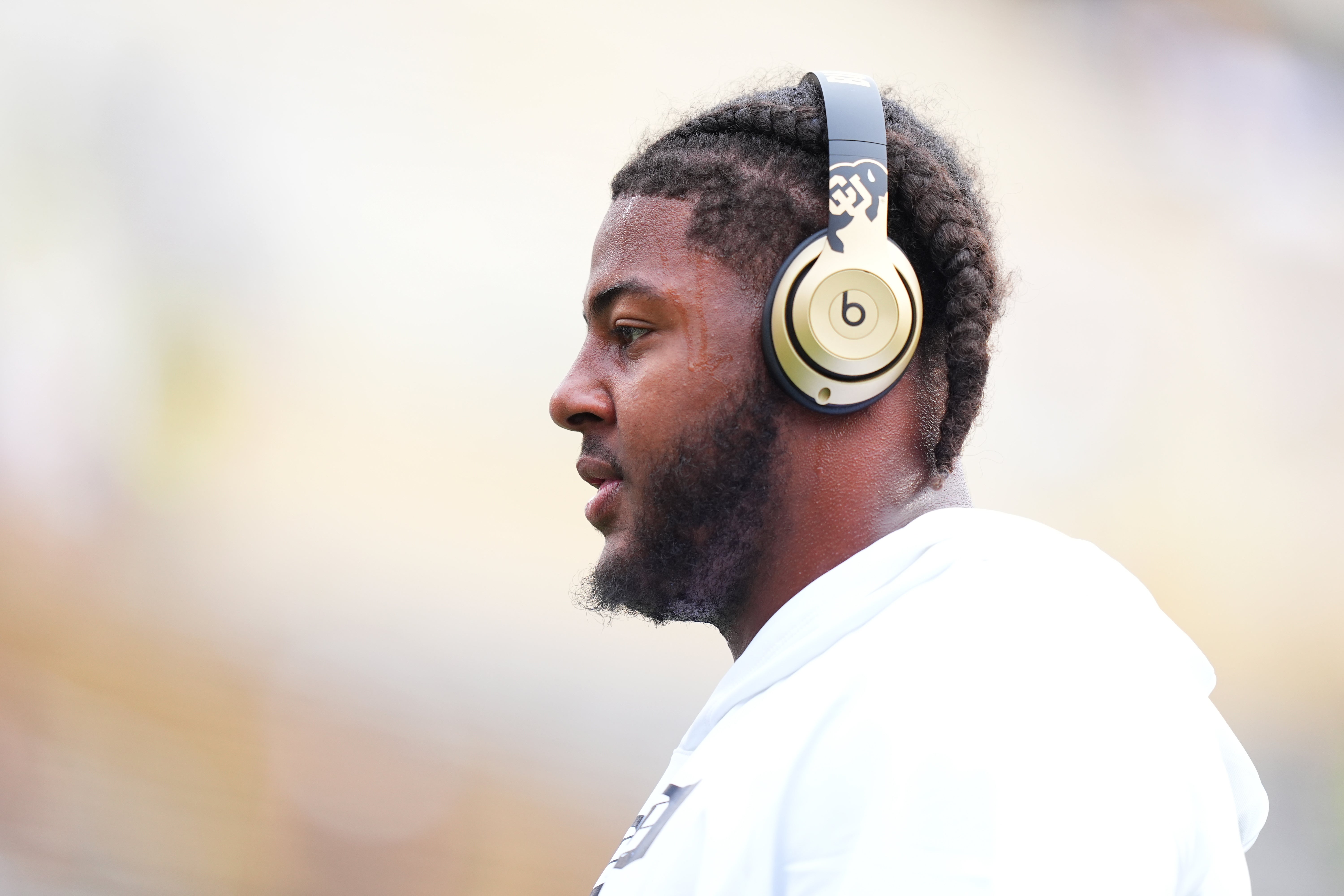 Aug 29, 2024; Boulder, Colorado, USA; Colorado Buffaloes offensive tackle Jordan Seaton (77) before the game against the North Dakota State Bison at Folsom Field. Mandatory Credit: Ron Chenoy-Imagn Images