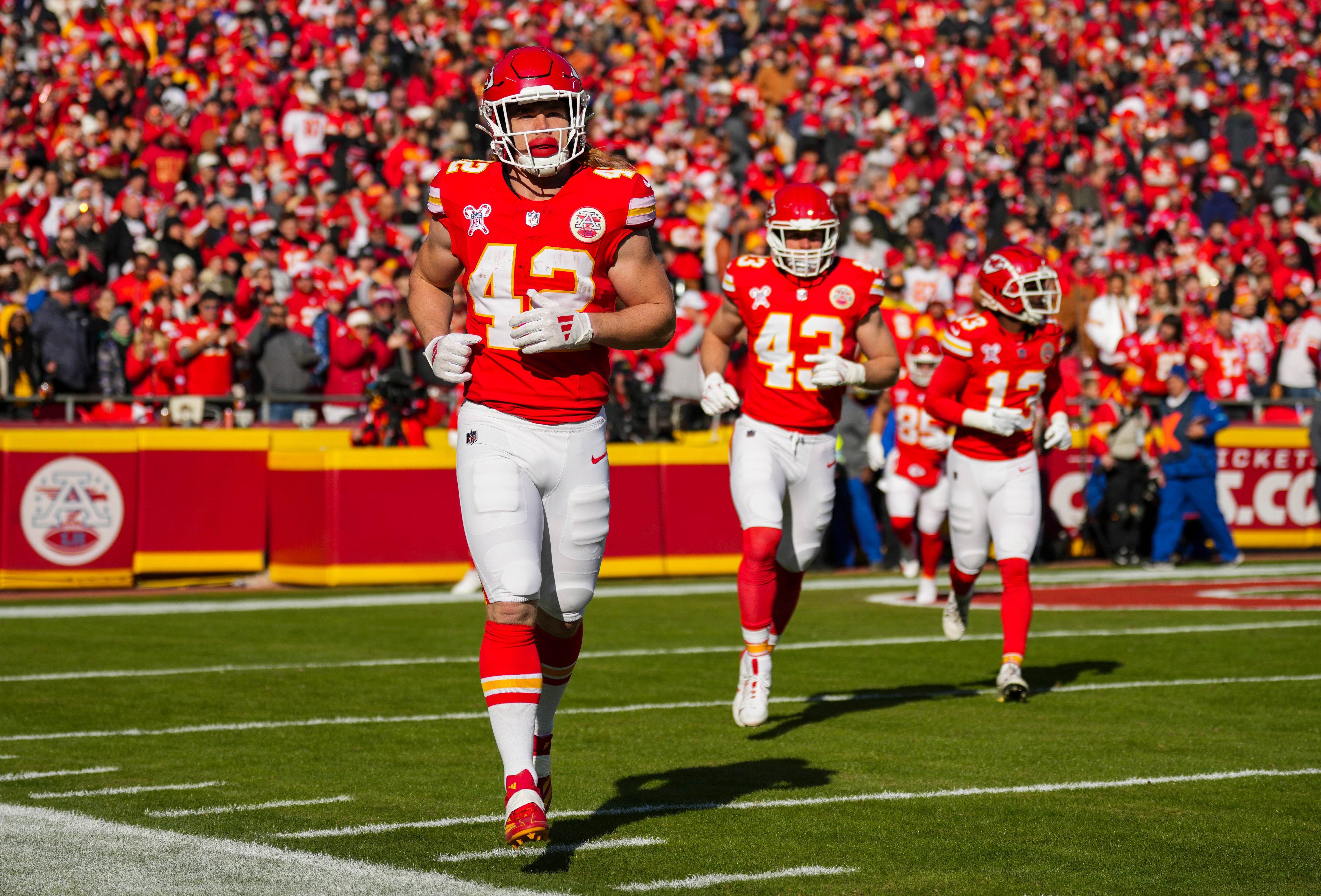 Dec 21, 2024; Kansas City, Missouri, USA; Kansas City Chiefs running back Carson Steele (42) runs off the field during the first half against the Houston Texans at GEHA Field at Arrowhead Stadium.