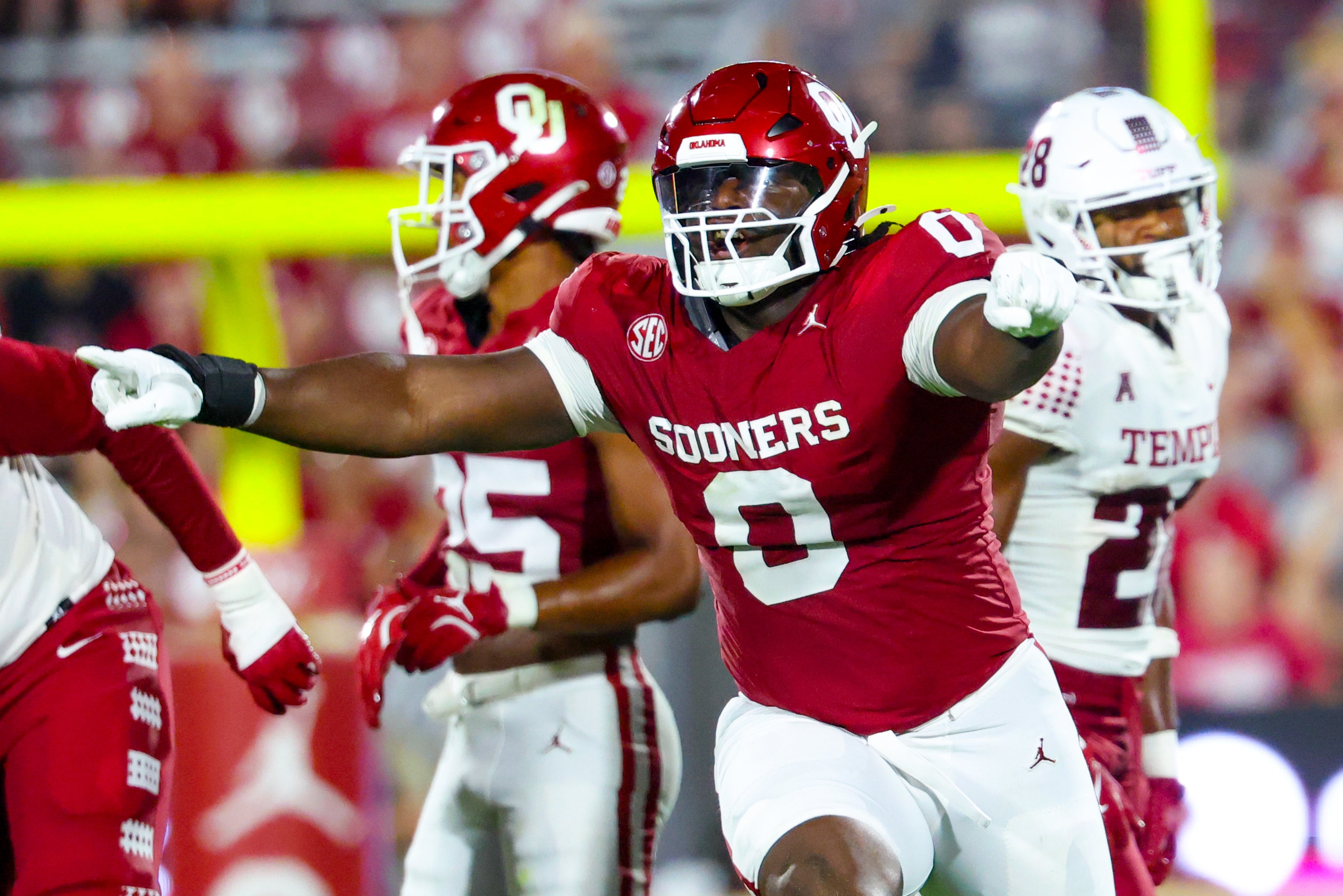 Aug 30, 2024; Norman, Oklahoma, USA; Oklahoma Sooners defensive lineman David Stone (0) reacts during the second half against the Temple Owls at Gaylord Family-Oklahoma Memorial Stadium.