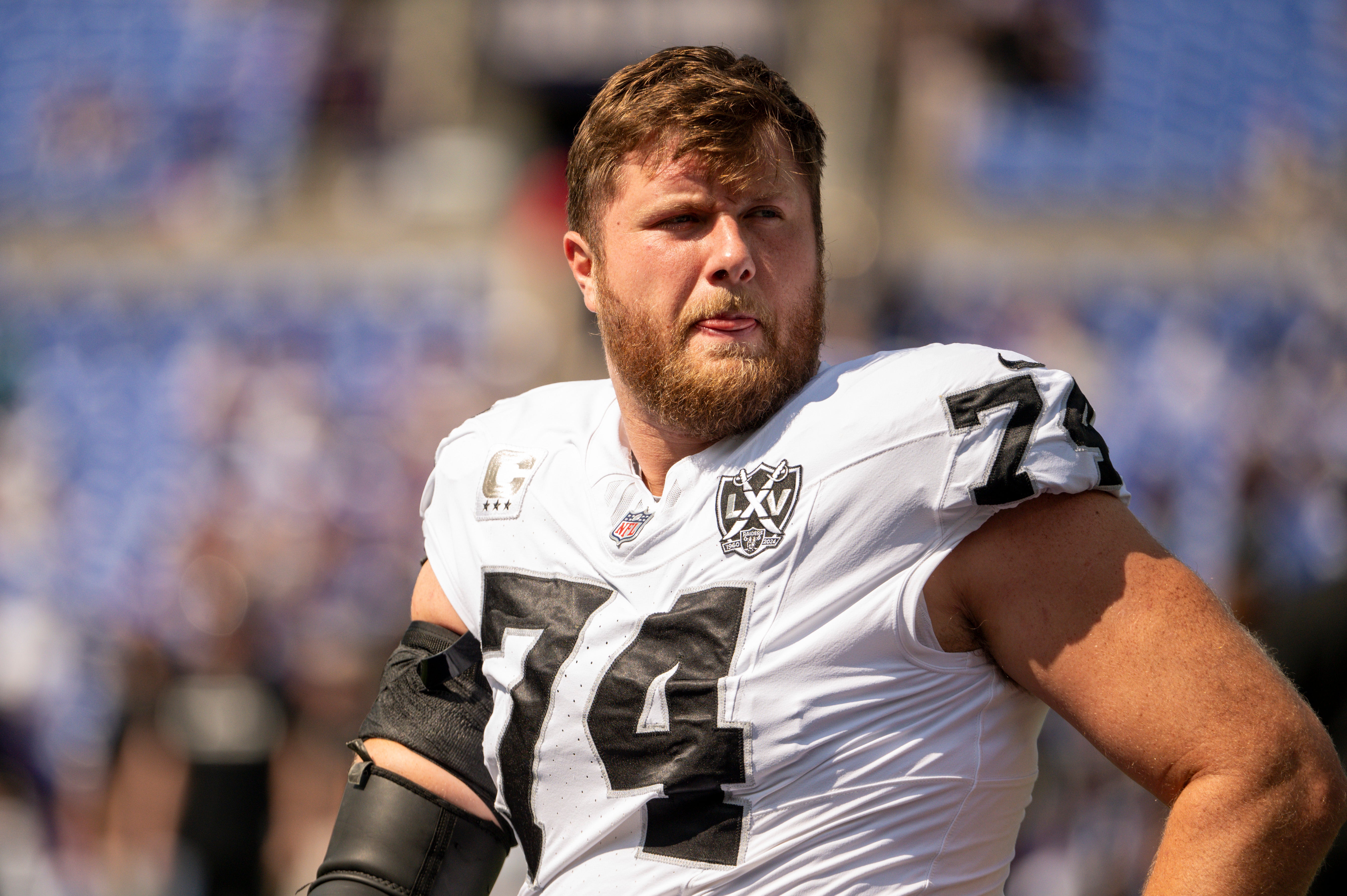 Sep 15, 2024; Baltimore, Maryland, USA; Las Vegas Raiders offensive tackle Kolton Miller (74) before the game against the Baltimore Ravens at M&T Bank Stadium