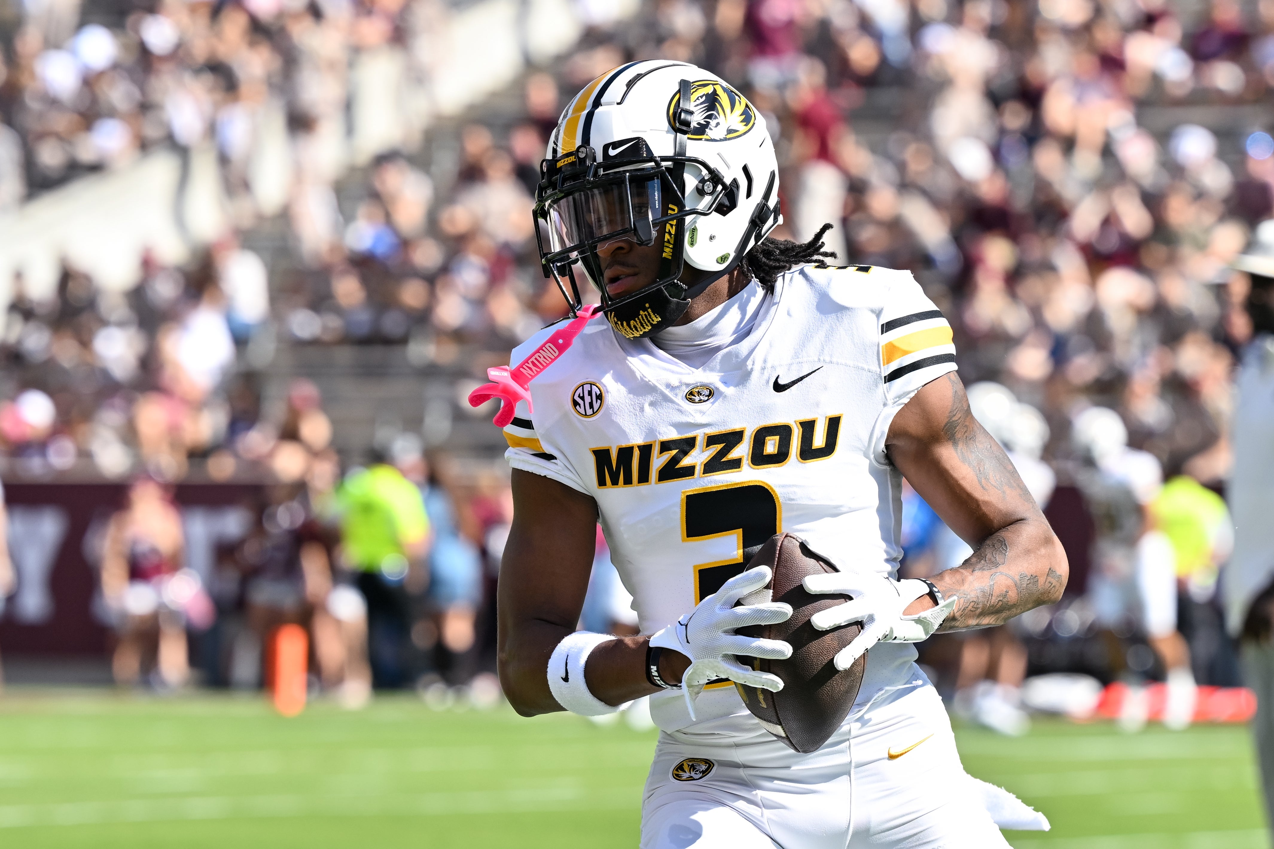 Oct 5, 2024; College Station, Texas, USA; Missouri Tigers wide receiver Luther Burden III (3) warms up prior to the against the Texas A&M Aggies at Kyle Field. Mandatory Credit: Maria Lysaker-Imagn Images.